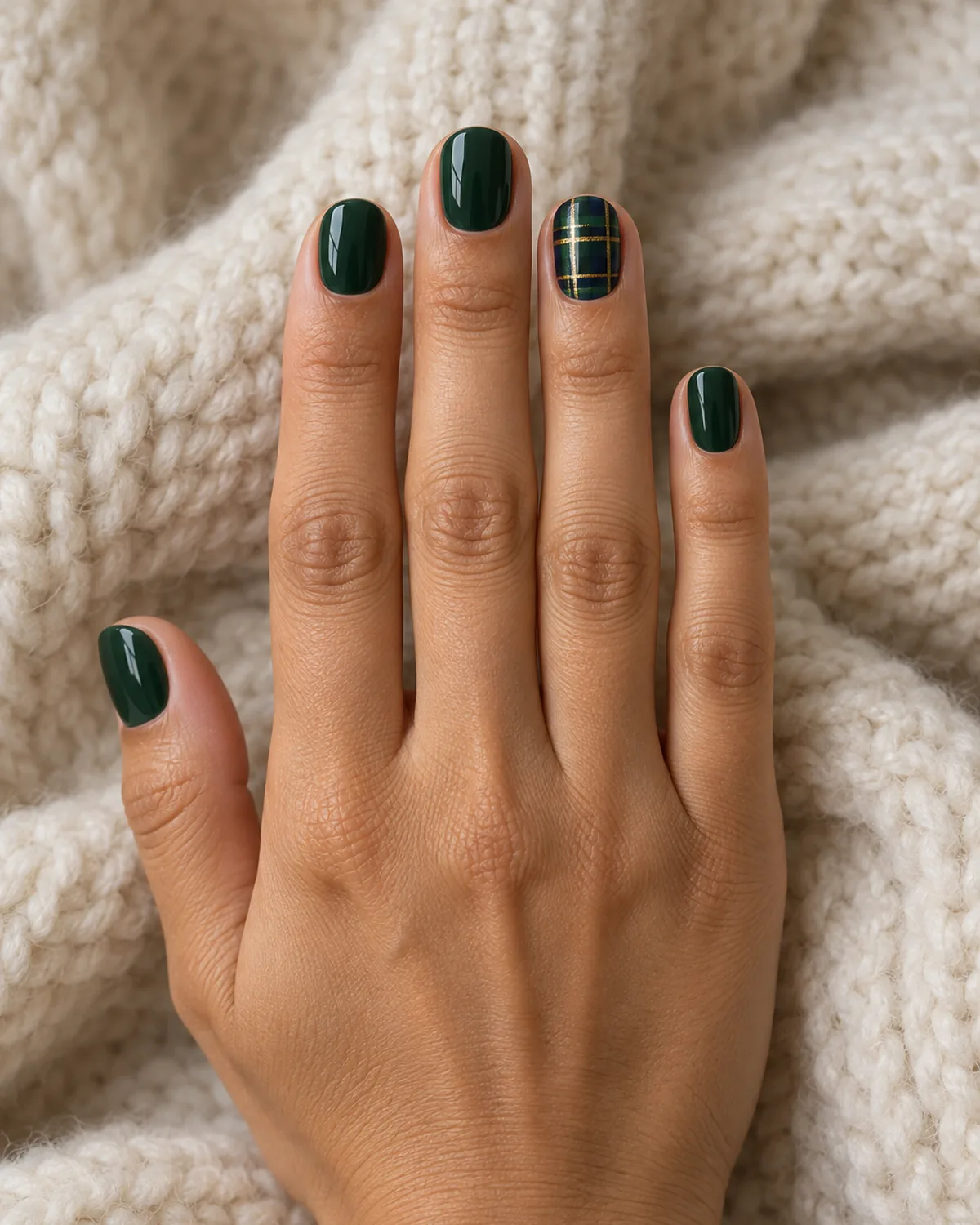 Hand with glossy forest green nails and one green and navy tartan accent nail with a gold thread on short round shape