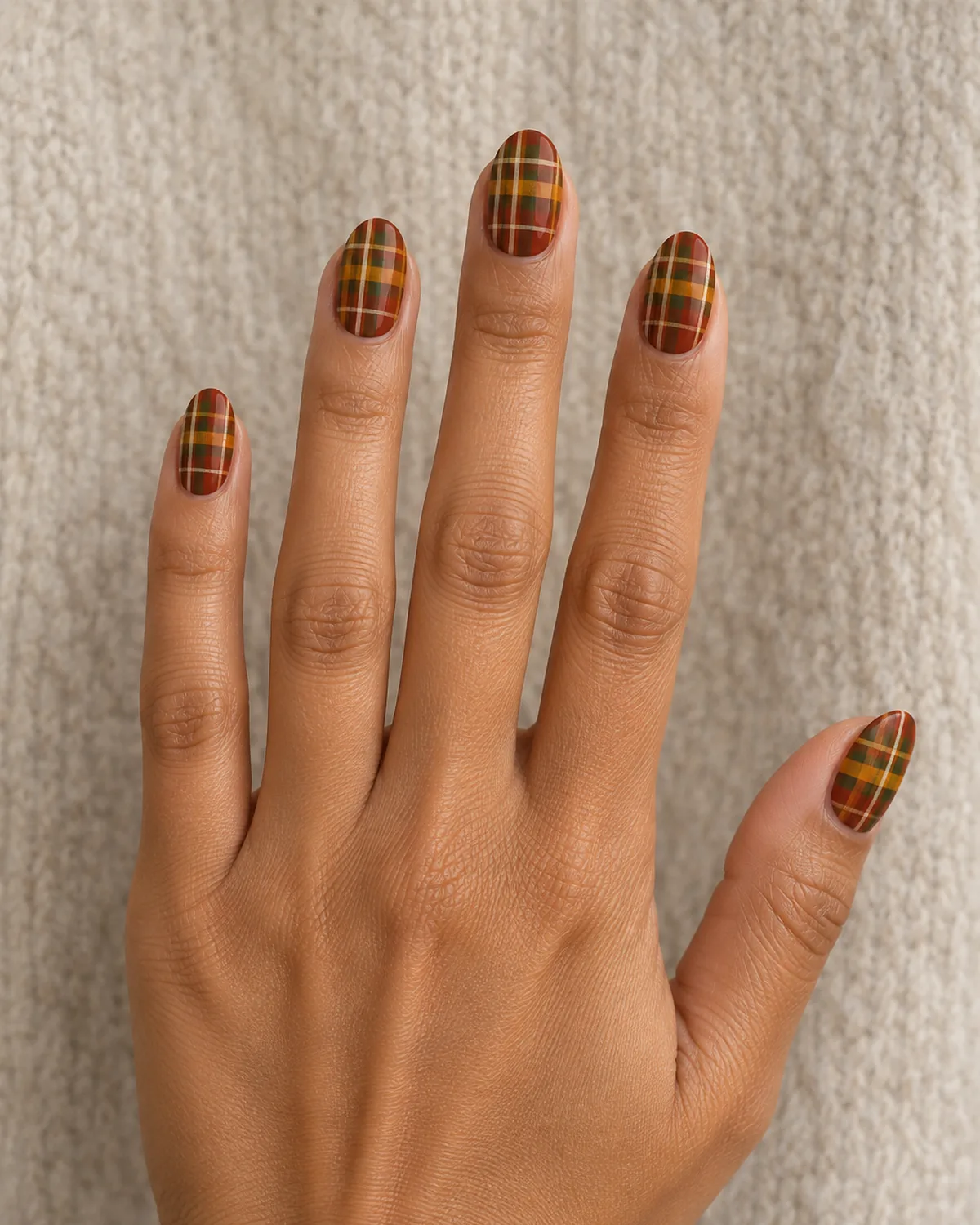 Hand held upright with rust, mustard and olive harvest plaid nails with a cream hairline on medium oval shape against an oatmeal wool backdrop