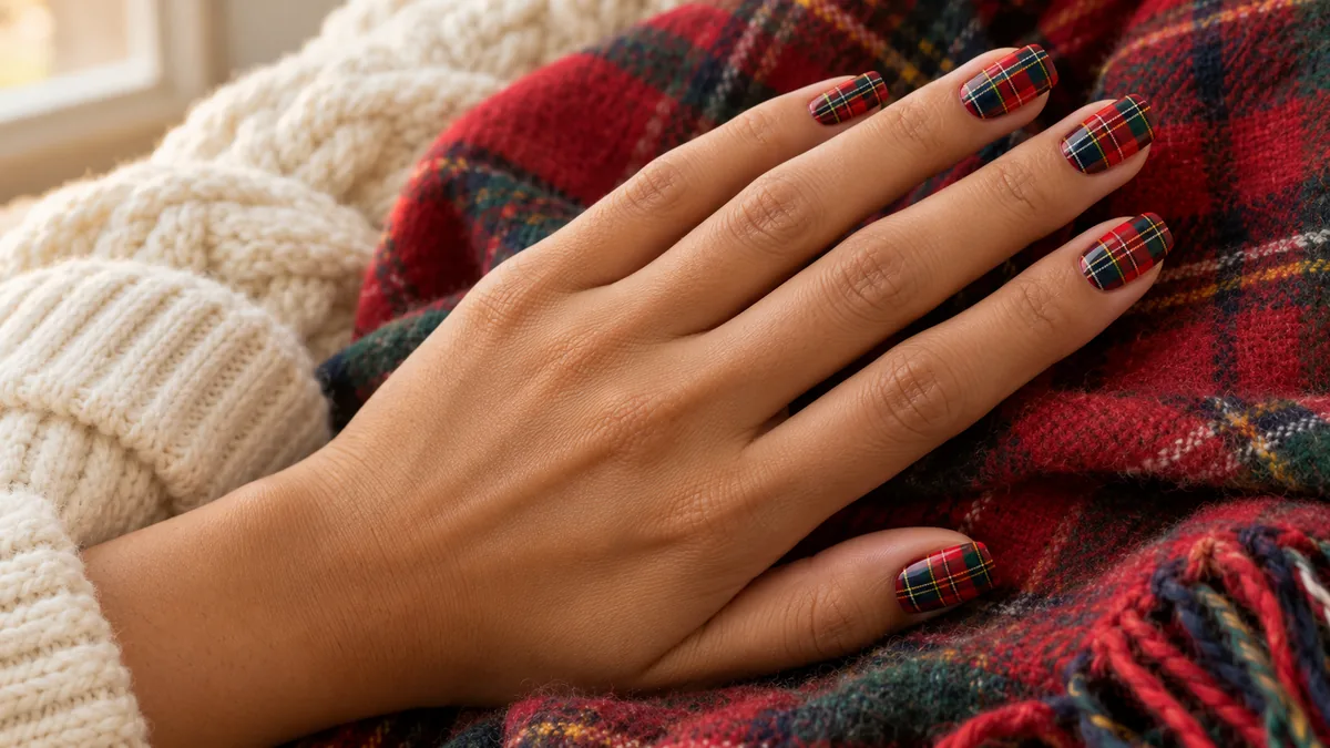 Hand with Royal Stewart tartan plaid nails on medium square shape lying on a folded red and green tartan wool scarf