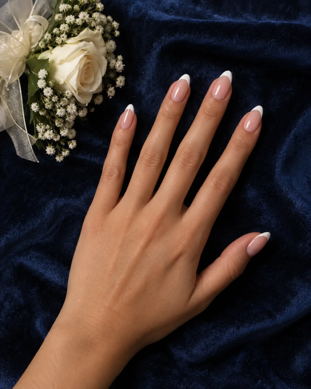 Single right hand with almond nails in soft pink French tips resting palm down on dark navy velvet with a small corsage nearby