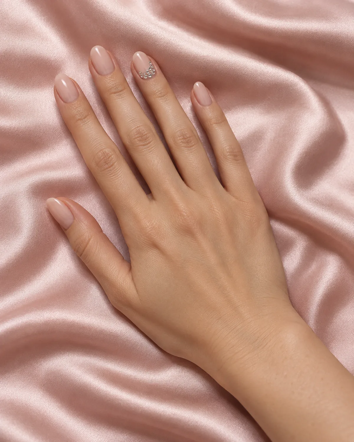 Single right hand with oval nails in nude sheer with rhinestone cluster on ring finger resting on blush satin fabric