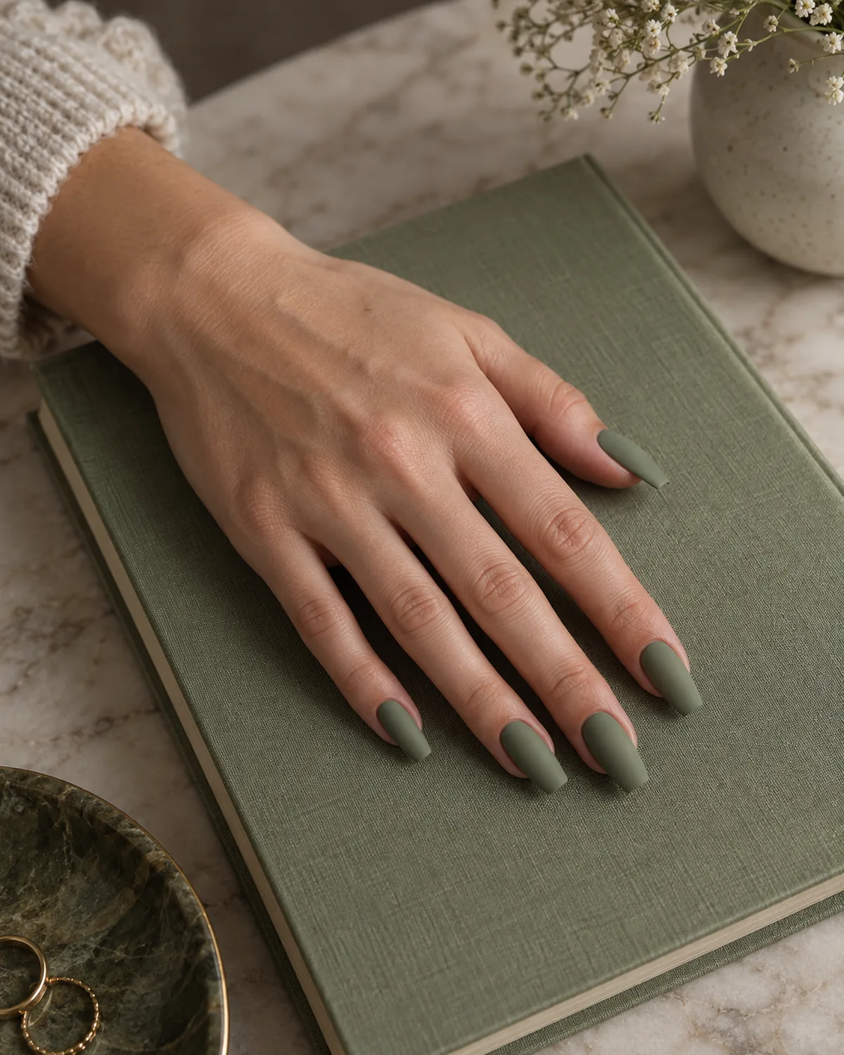 Single left hand with coffin nails in muted sage green matte finish resting palm down on a sage green hardcover book