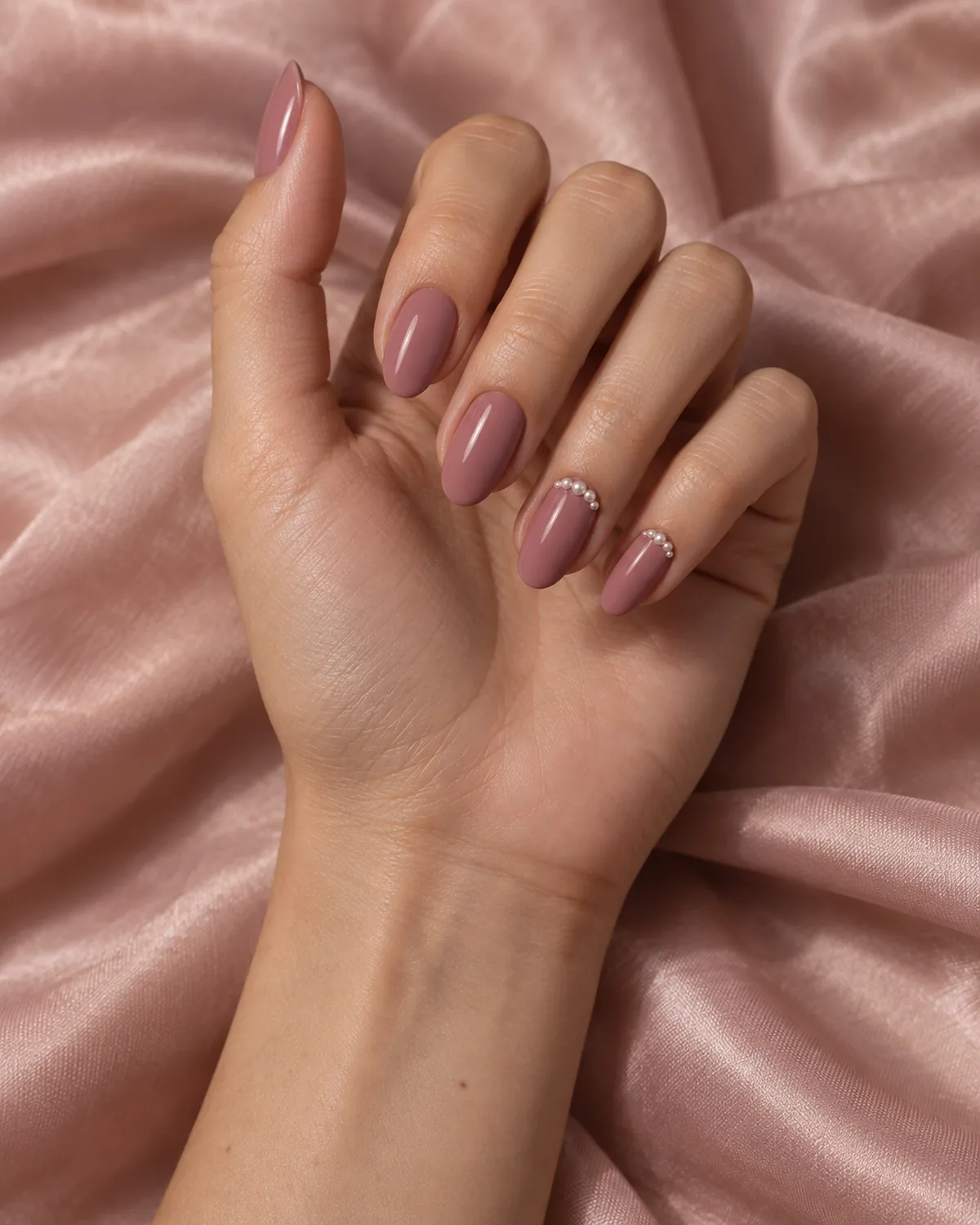 Single right hand with oval nails in dusty rose crème with tiny pearl beads near cuticle on accent nails resting on blush silk fabric