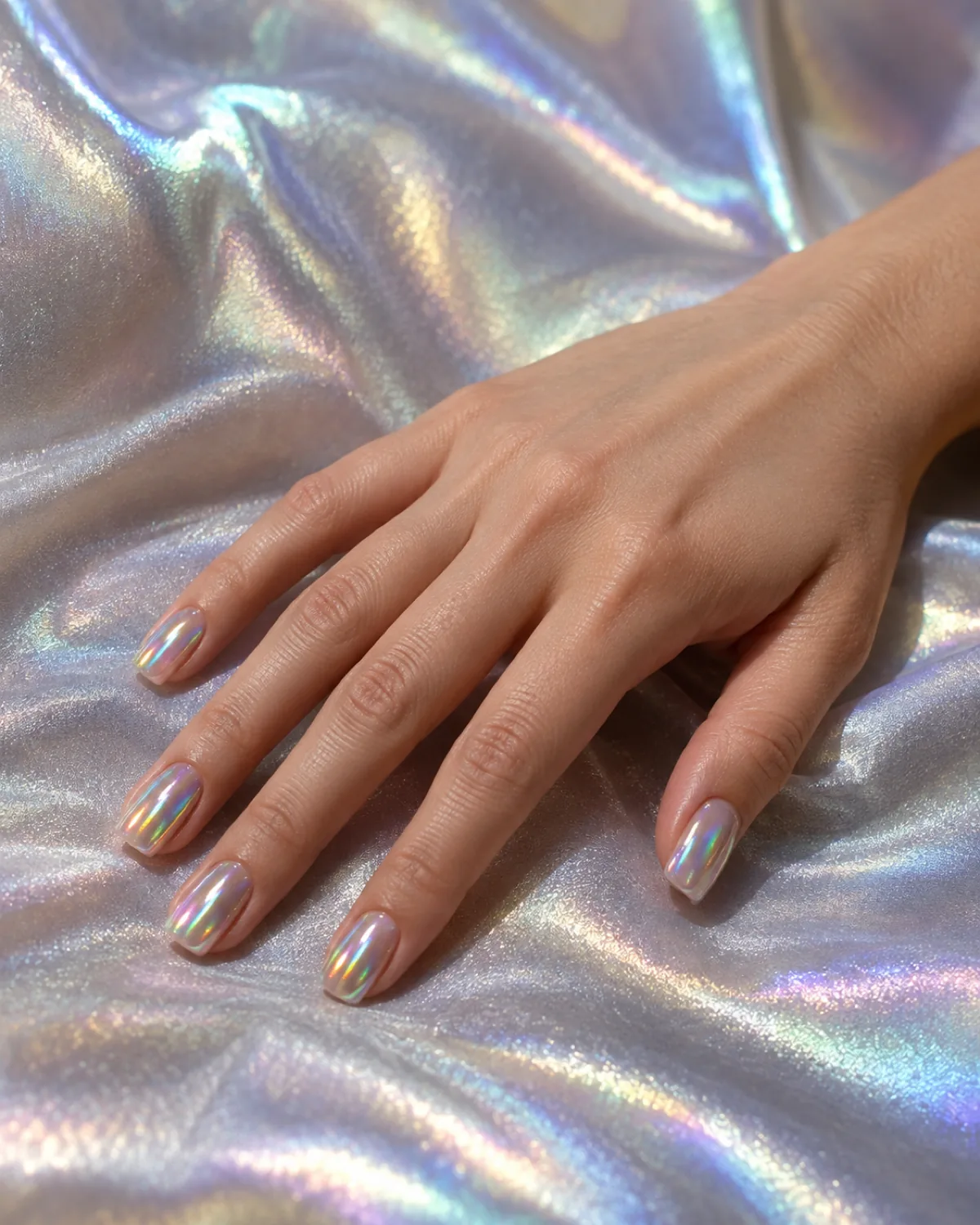 Single left hand with medium square nails in holographic rainbow shift topcoat resting palm down on iridescent fabric