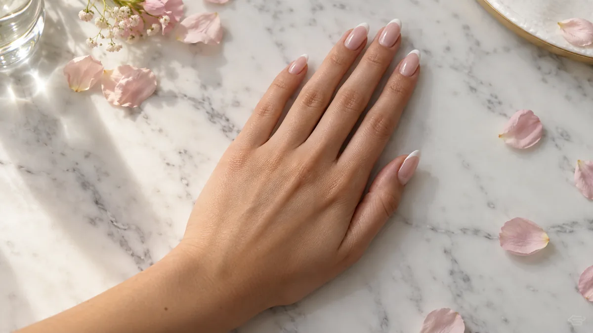 Single right hand with almond nails in soft pink French tips resting palm down on dark navy velvet with a small corsage nearby