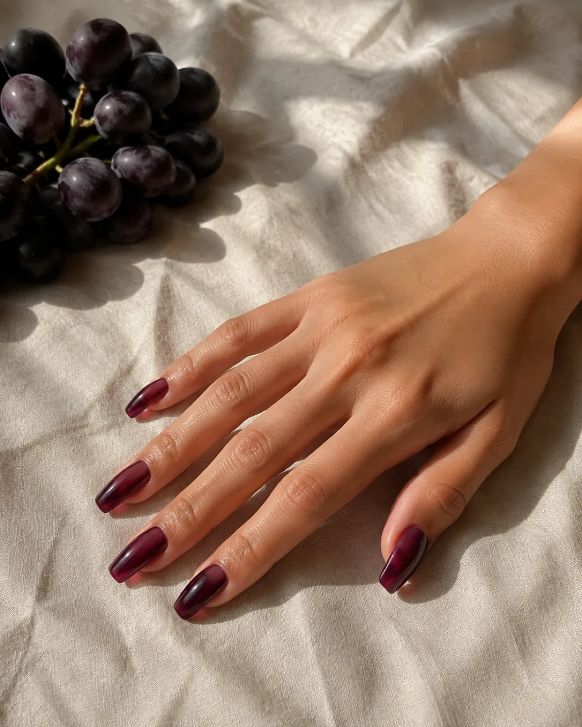 Single right hand with medium coffin nails in deep plum jelly finish resting palm down on cream linen beside dark grapes