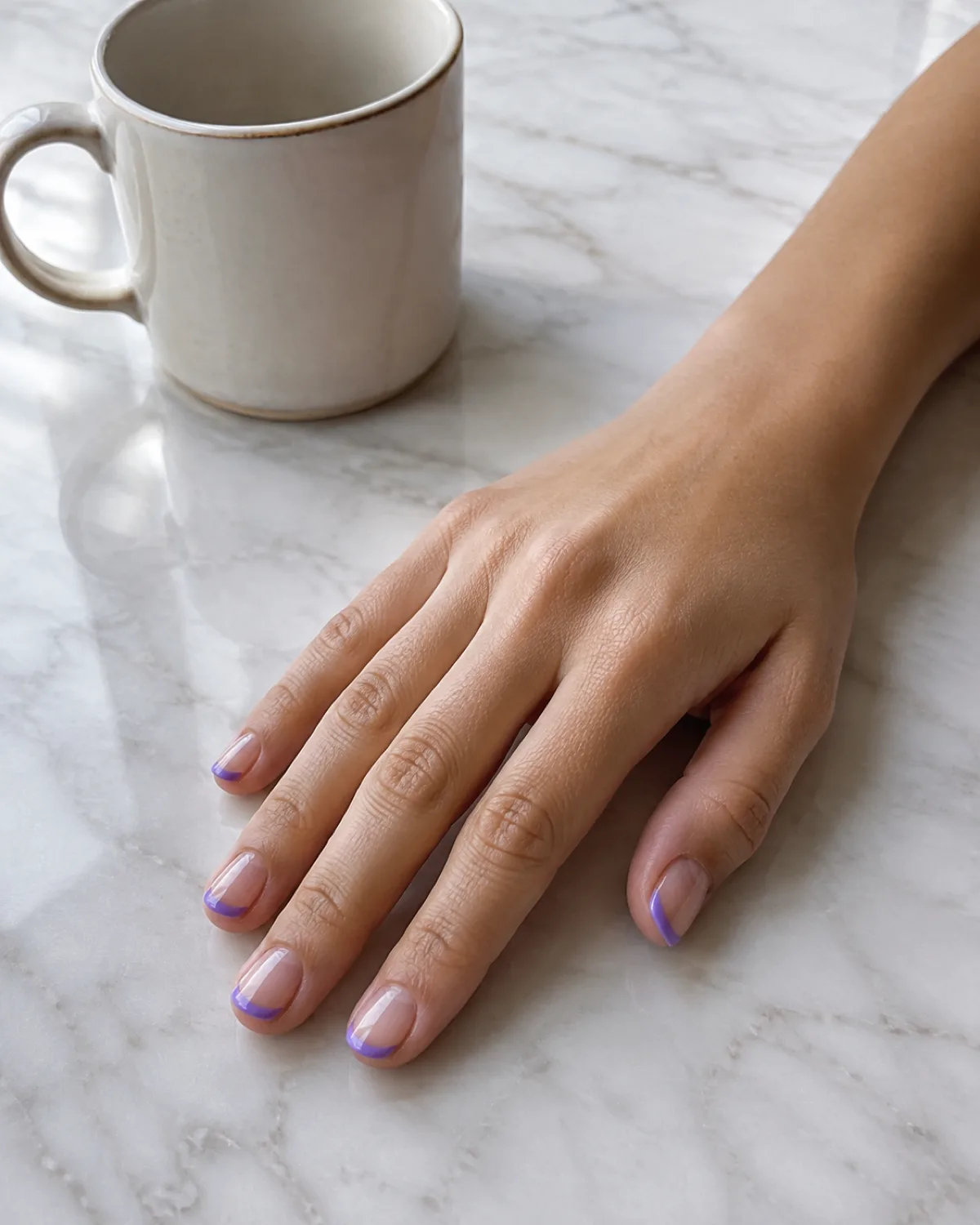 Single right hand with short round nails in violet French tips resting palm down beside cream mug on marble