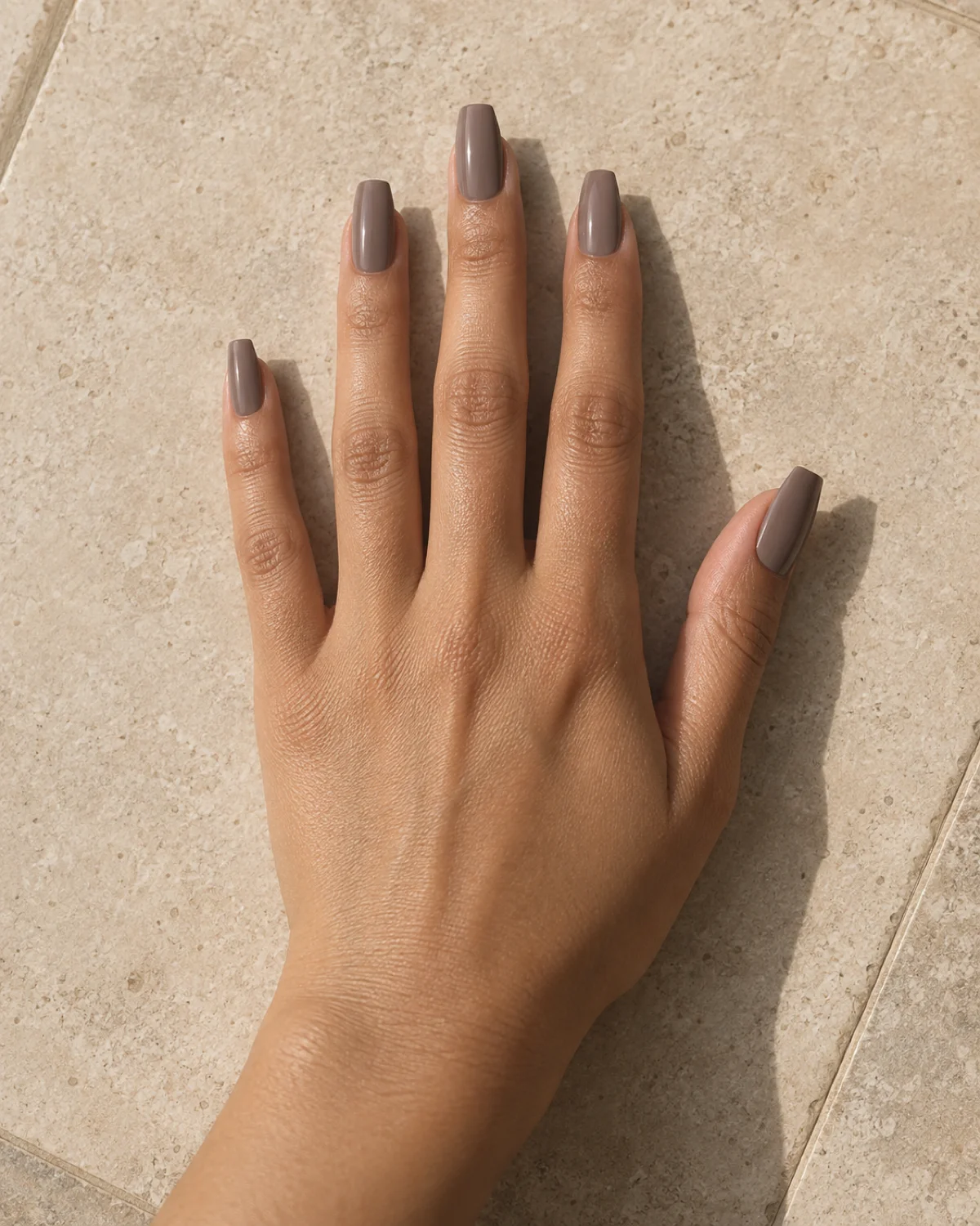 Soft Taupe on Coffin nail design close-up