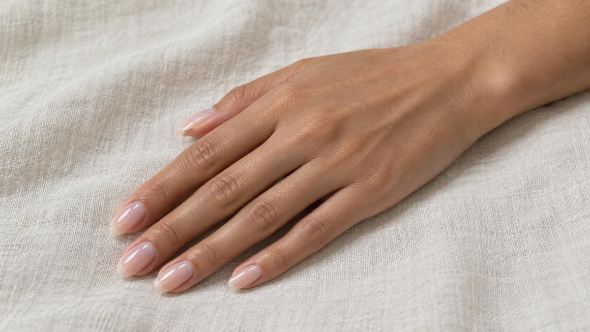 Single right hand with almond nails in sheer glazed milky pink finish palm down on off-white linen surface