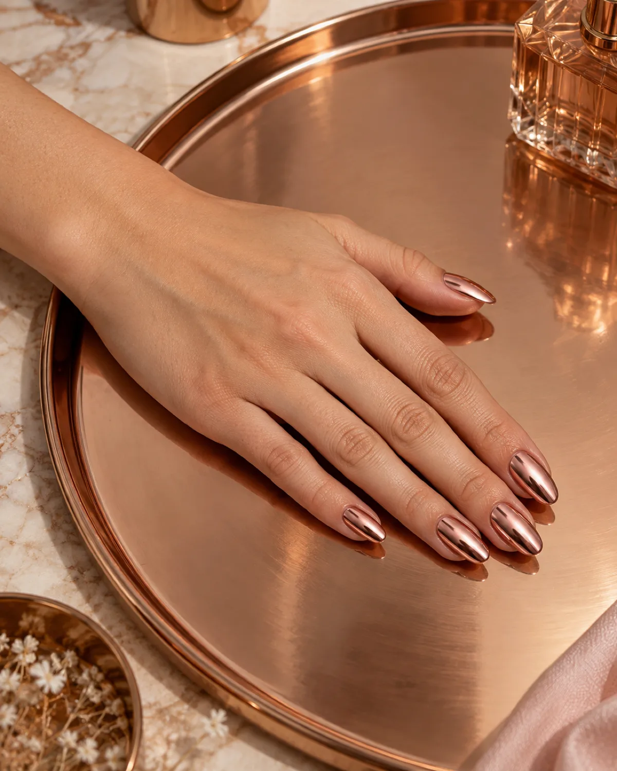Single left hand with almond nails in mirror chrome rose gold on a polished rose-gold metal tray