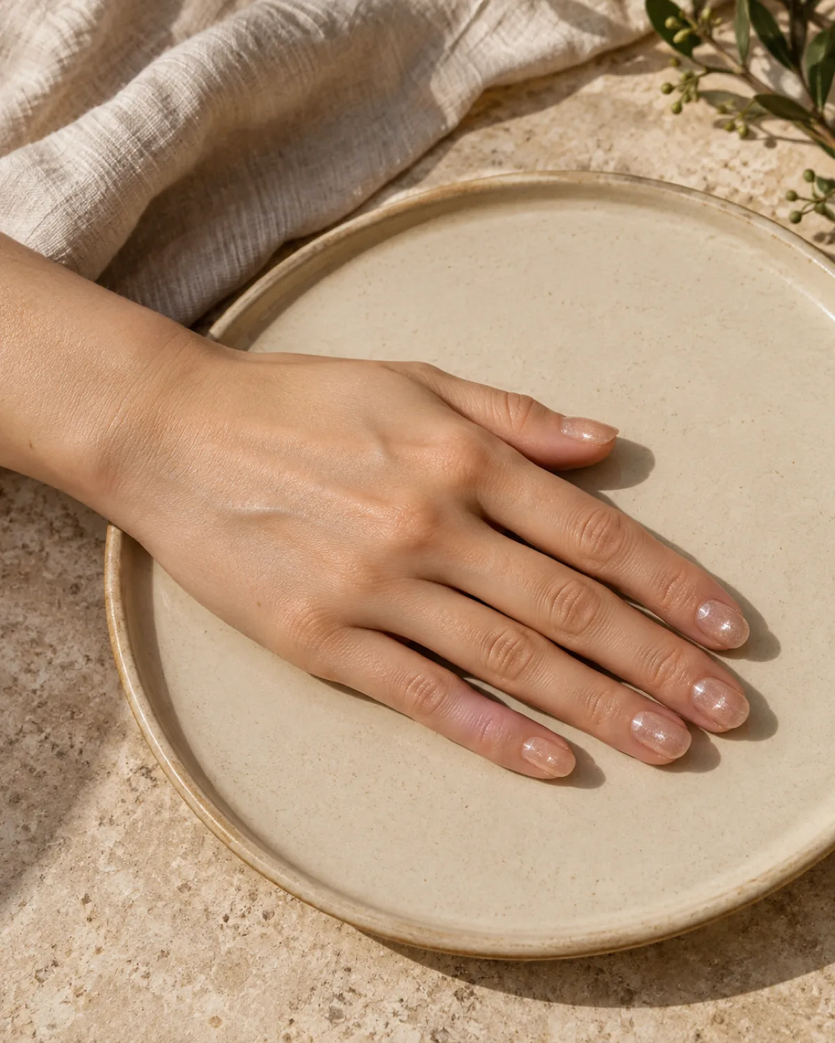 Single left hand with round nails in sheer champagne shimmer on warm beige ceramic plate
