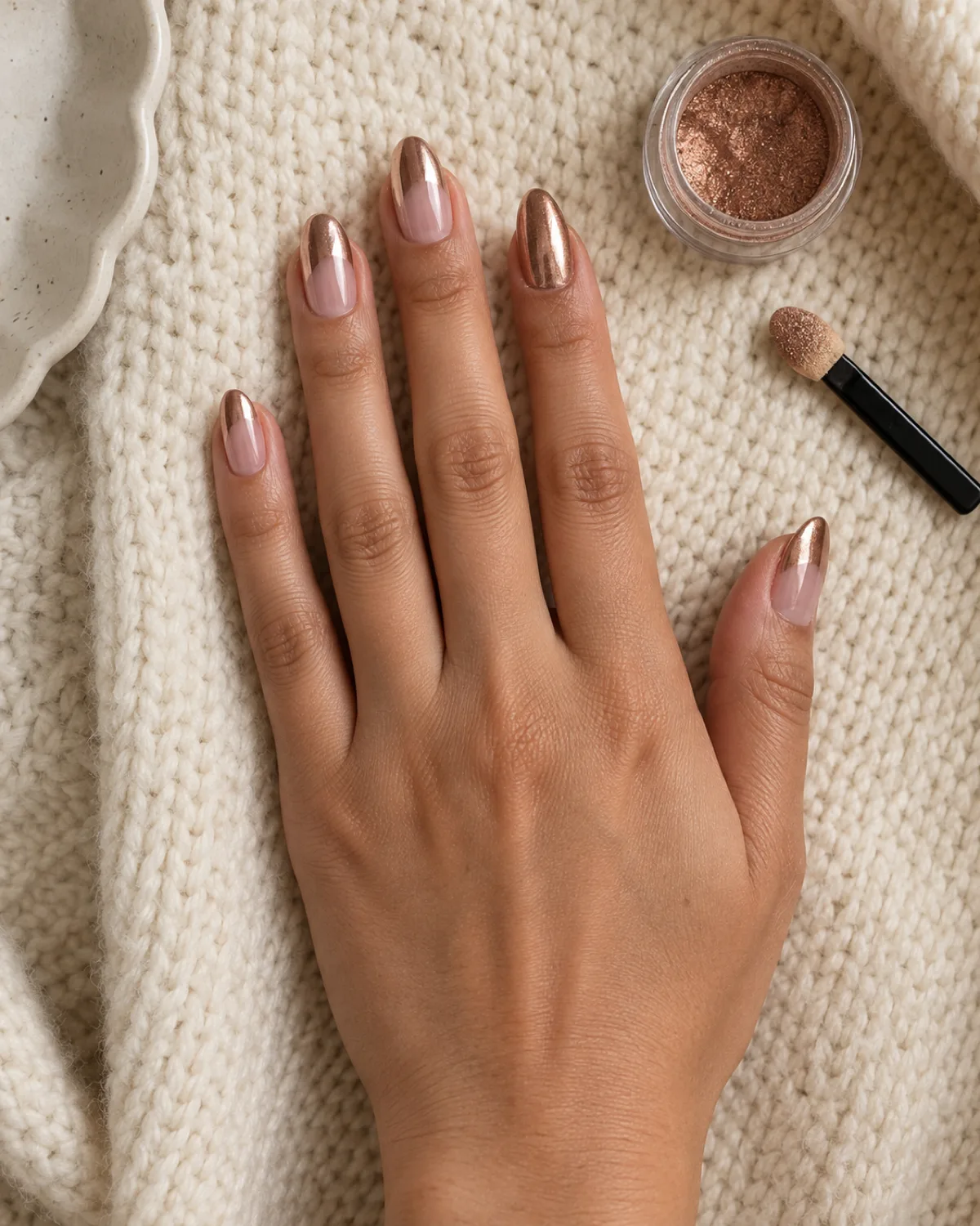 Single right hand with almond nails showing rose gold chrome powder application on warm cream knit sweater surface