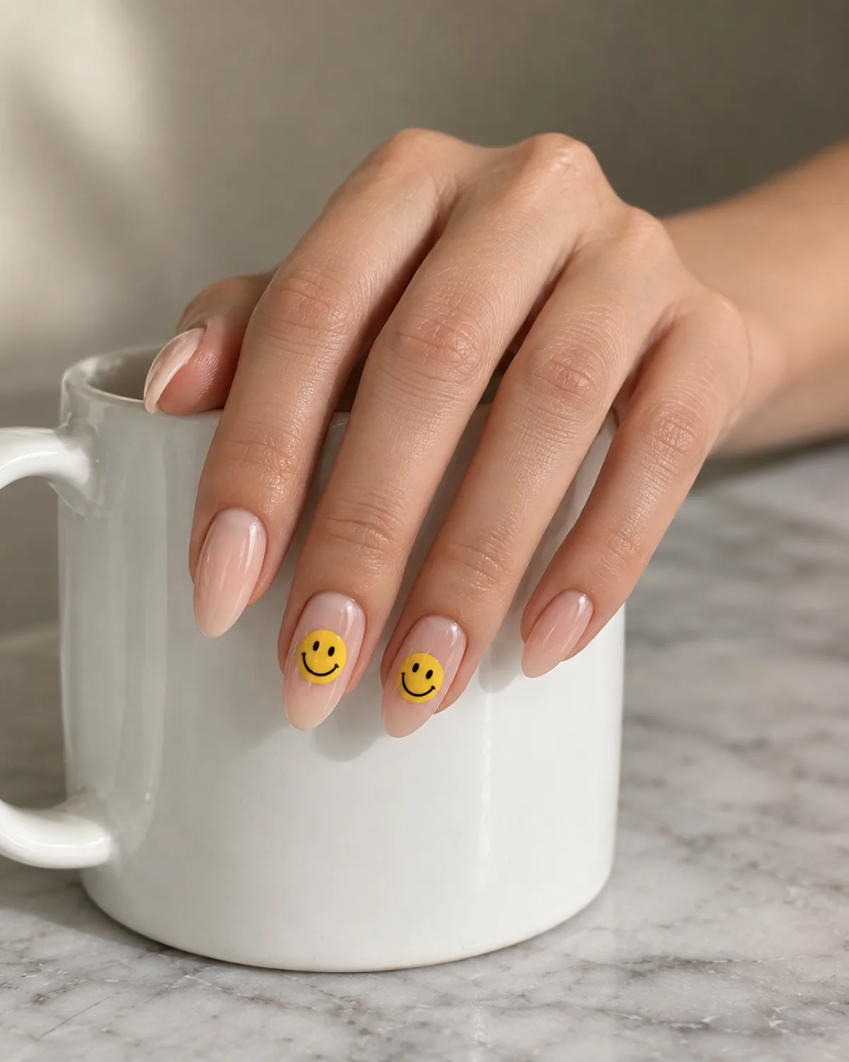 Single right hand with classic yellow smiley face accent nails on medium almond shape resting on a white ceramic mug