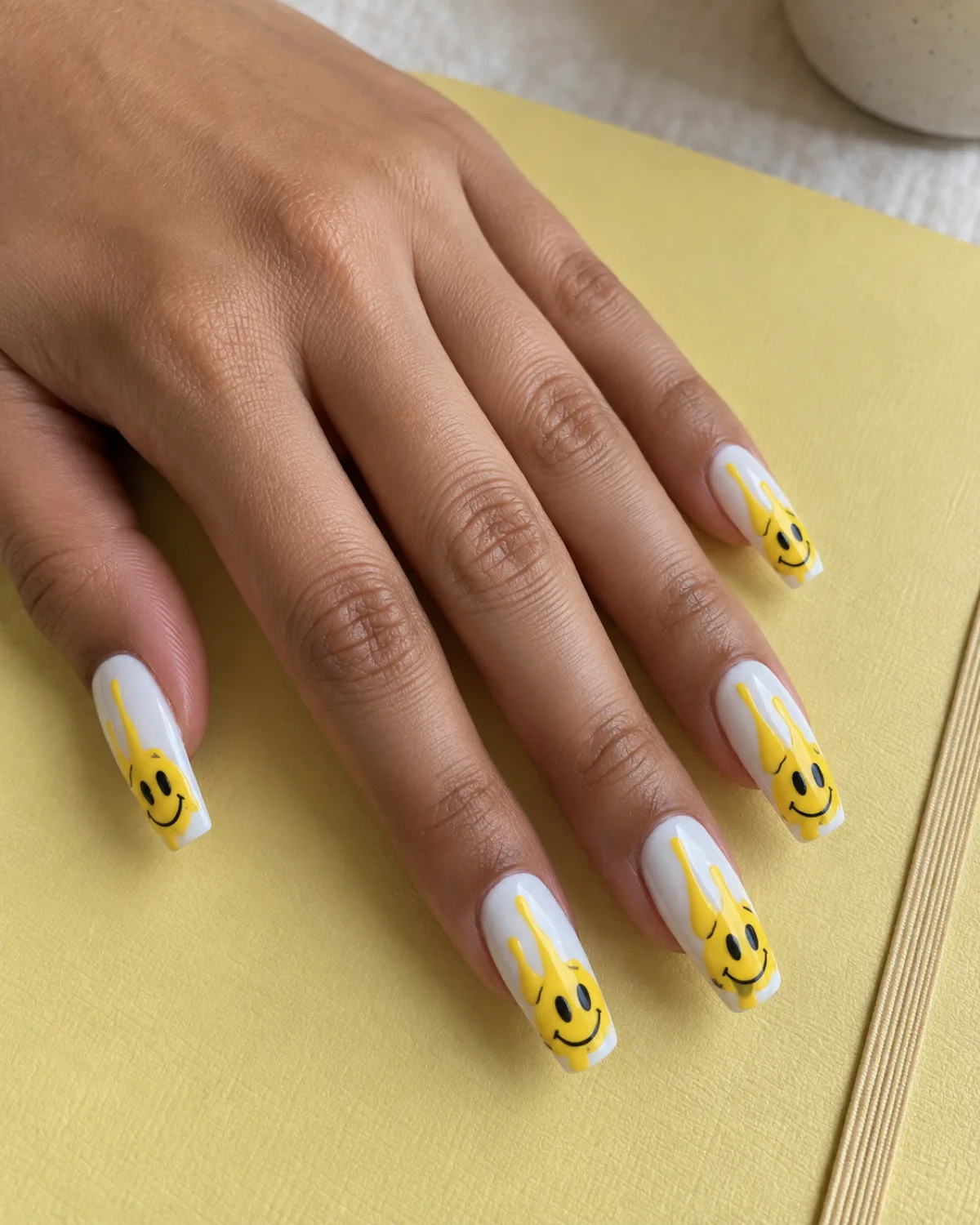 Single left hand with melting smiley face drip nails on medium coffin shape resting on a pastel yellow notebook