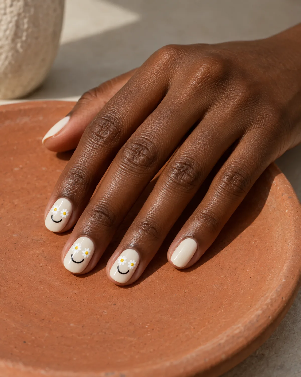 Single right hand with retro daisy-eye smiley face nails on short round shape resting on a terracotta clay saucer