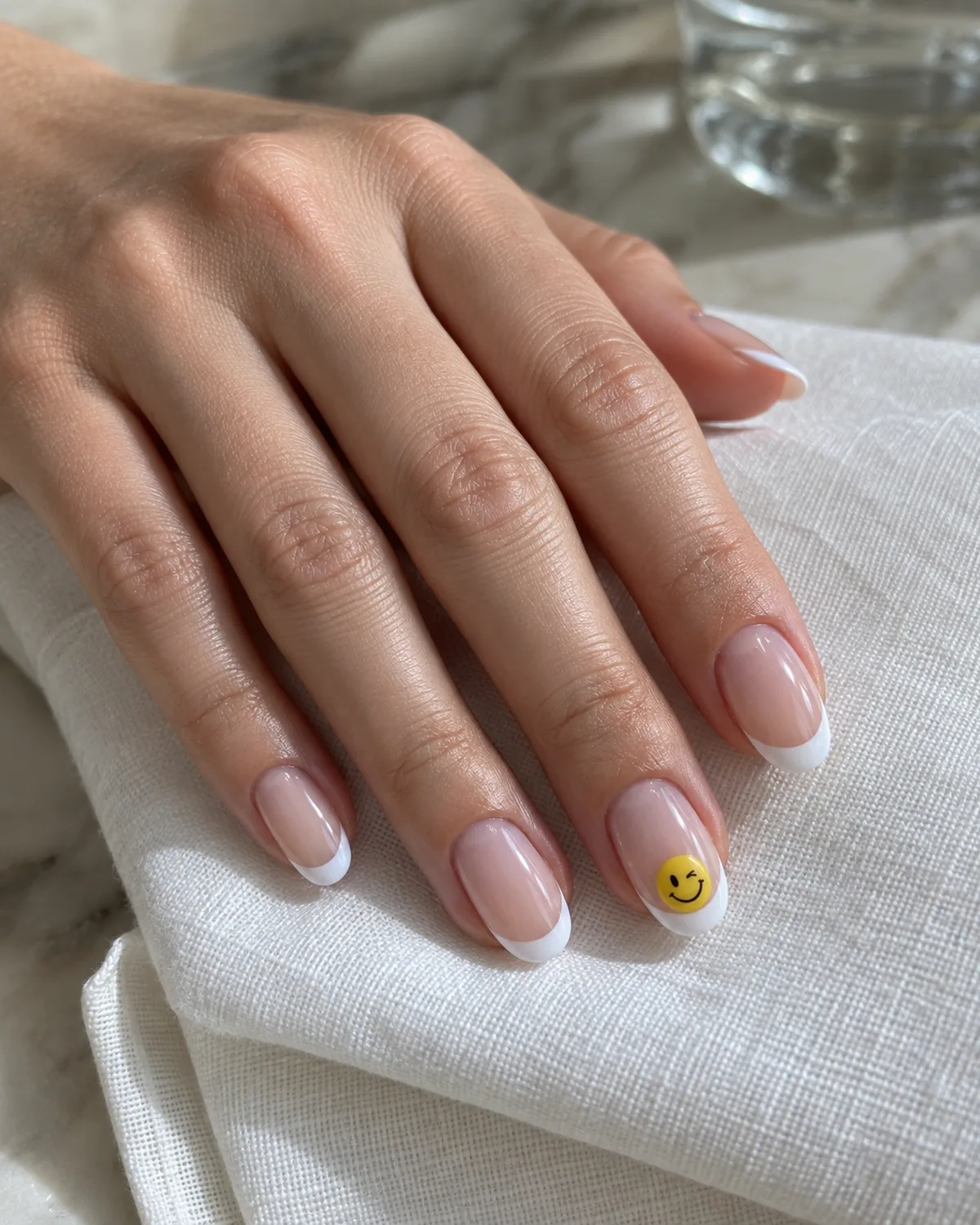 Single left hand with French tip nails and smiley accent on ring finger on medium oval shape resting on a folded white linen napkin