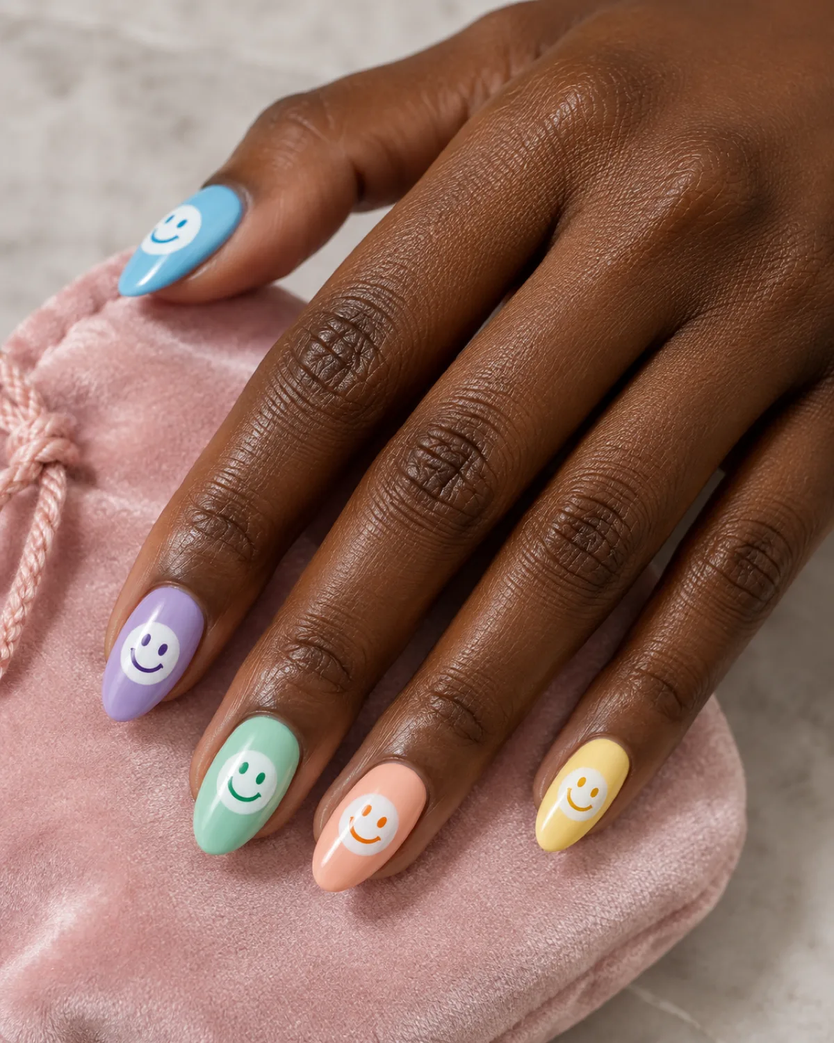 Single right hand with pastel rainbow smiley face nails on medium almond shape resting on a light-pink velvet jewelry pouch