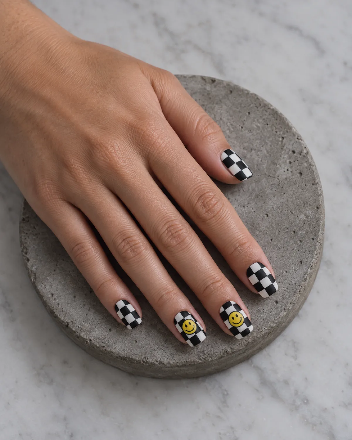Single left hand with checkered base smiley face nails on medium square shape resting on a gray concrete coaster
