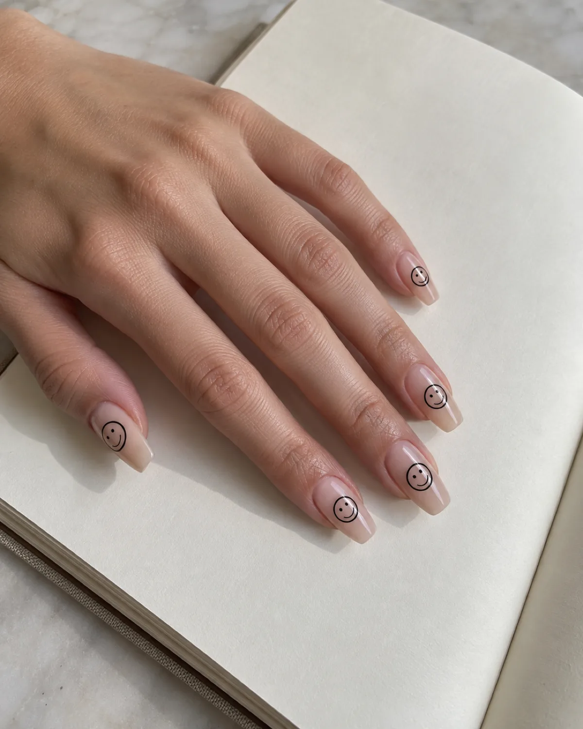 Single left hand with outlined smiley face nails on medium coffin shape resting on an open blank sketchbook page