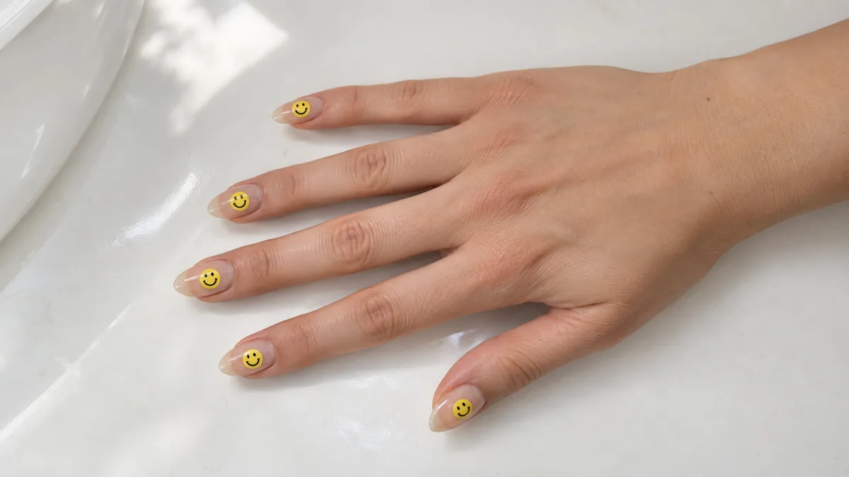 Single right hand with classic yellow smiley face nails on medium almond shape resting on a glossy white ceramic surface
