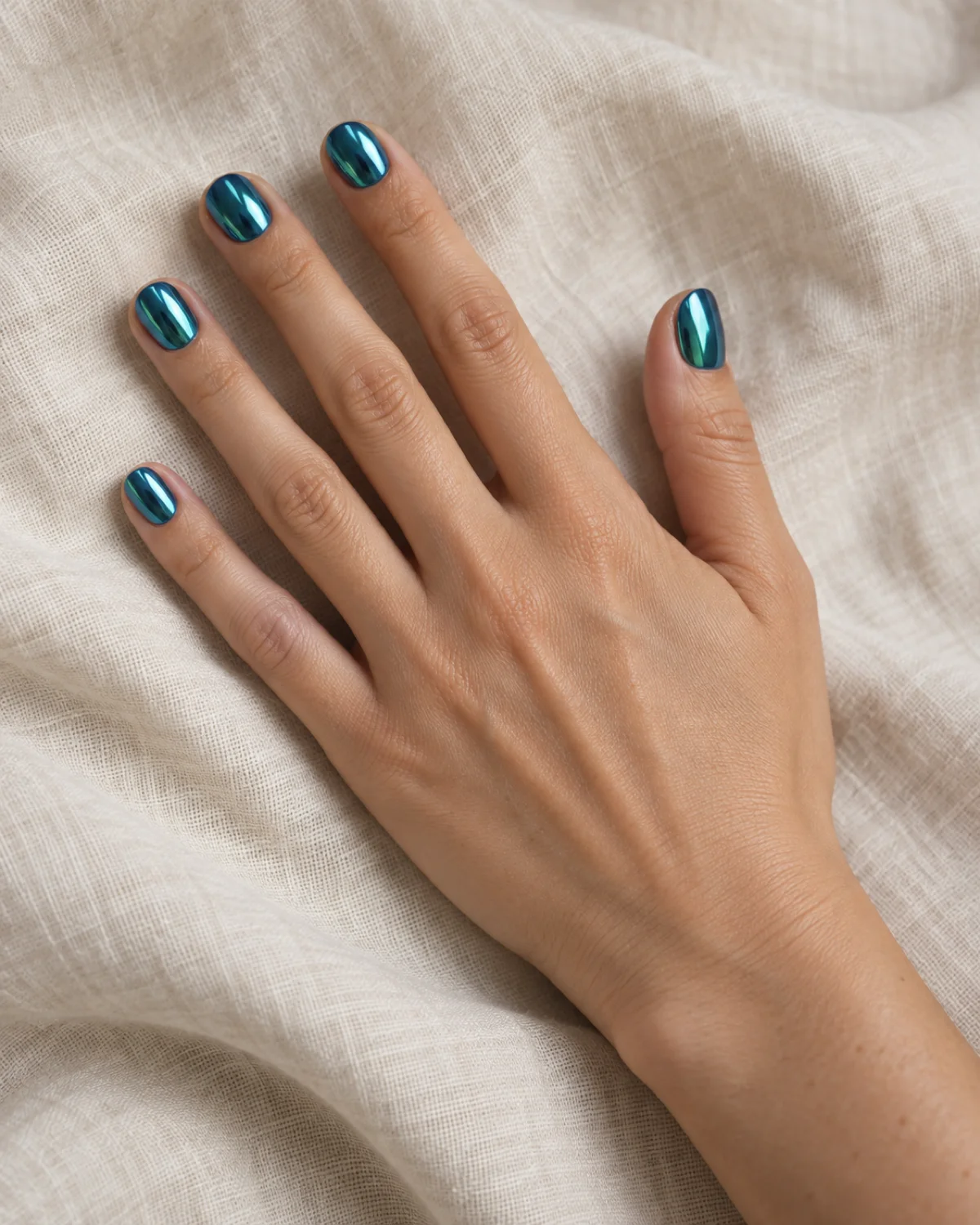 Single right hand with short round nails in teal chrome metallic finish resting palm down on cream linen cloth