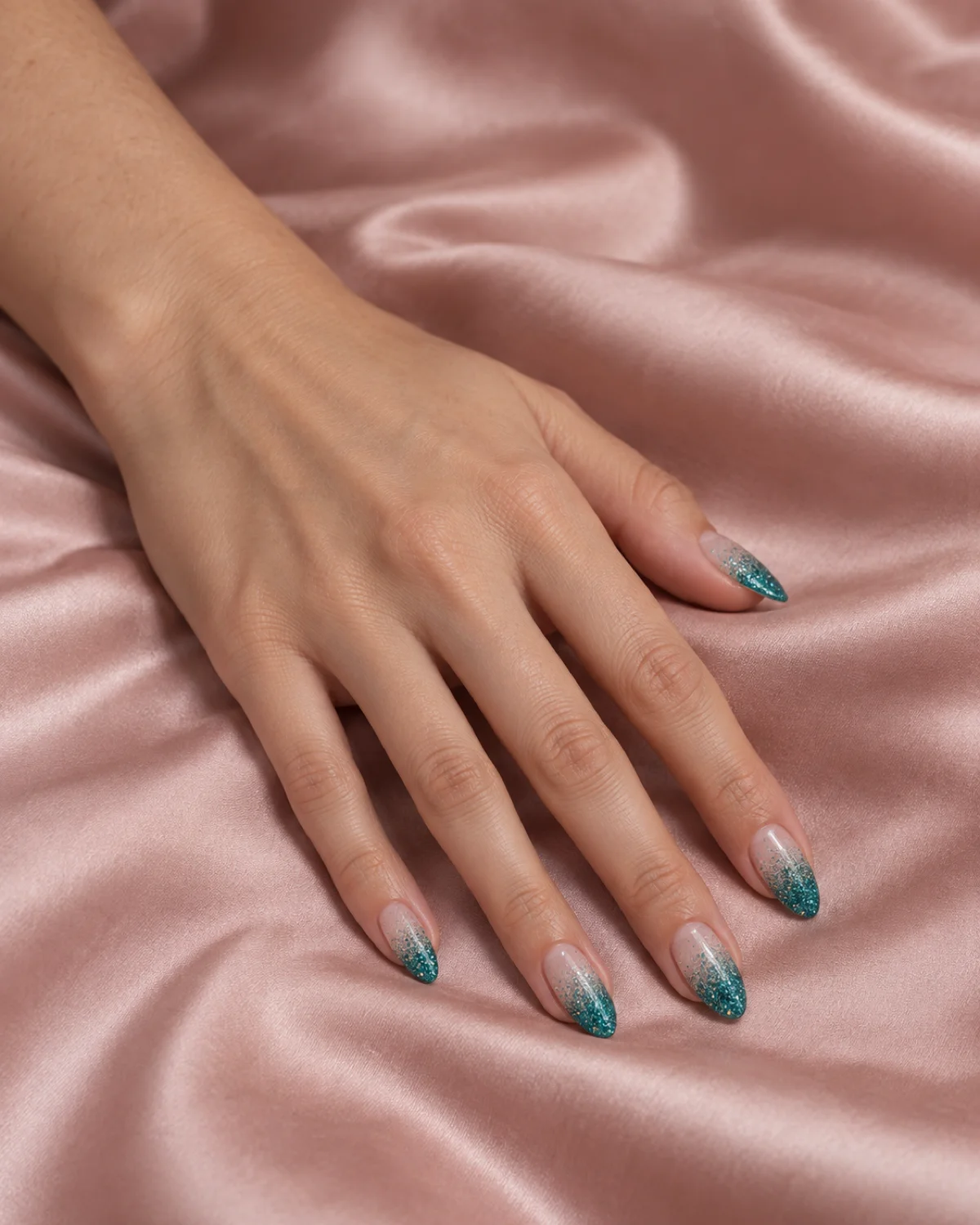 Single left hand with almond nails showing clear-to-teal glitter gradient resting palm down on blush pink satin fabric