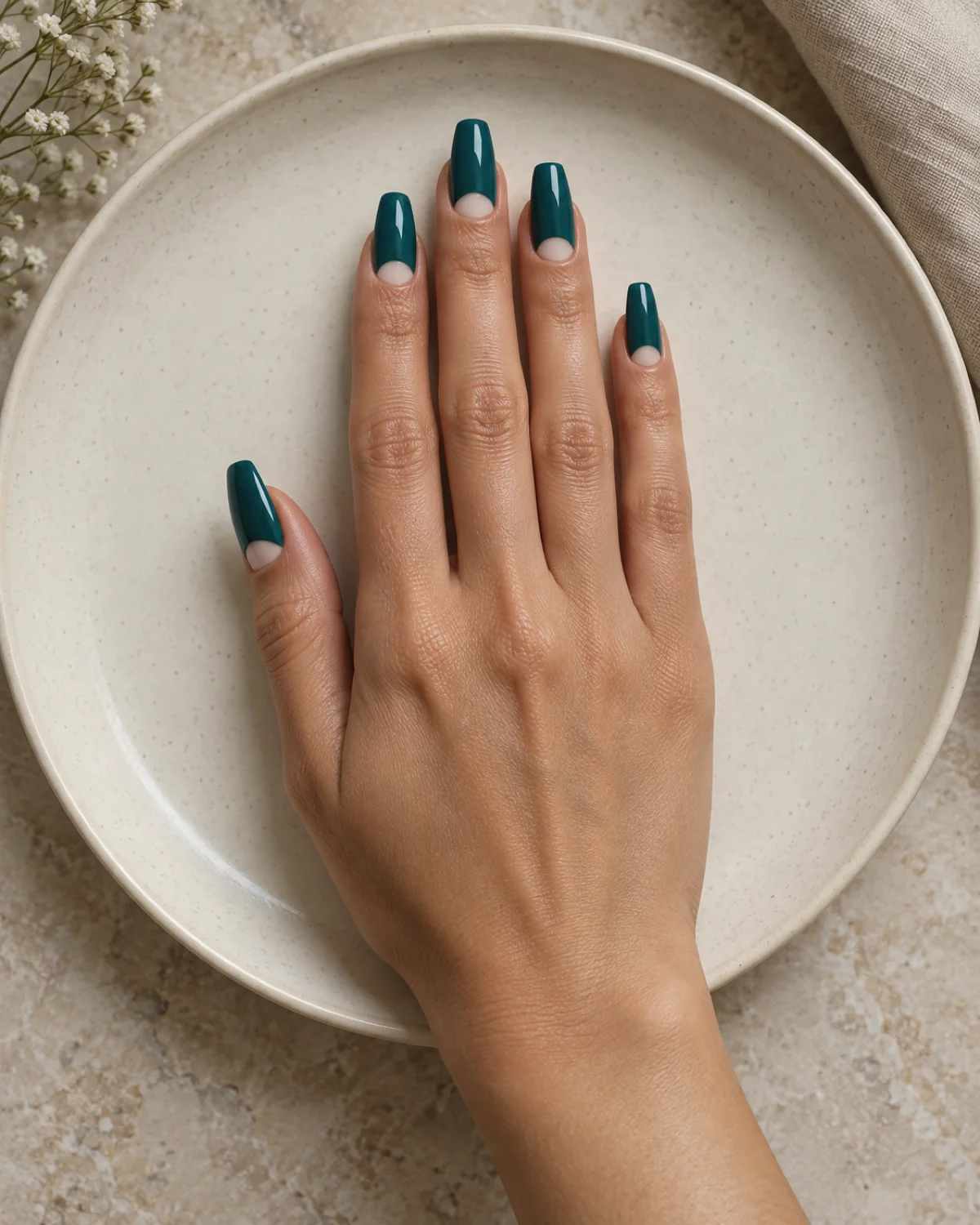 Single right hand with coffin nails showing deep teal base with white crescent moon at nail base resting palm down on cream ceramic plate