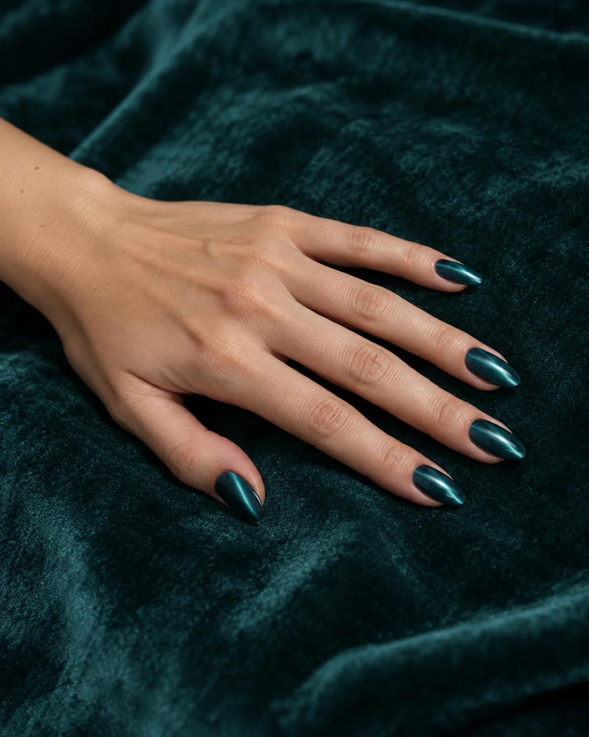 Single left hand with almond nails in teal cat-eye magnetic polish showing vertical light stripe resting palm down on dark teal velvet surface