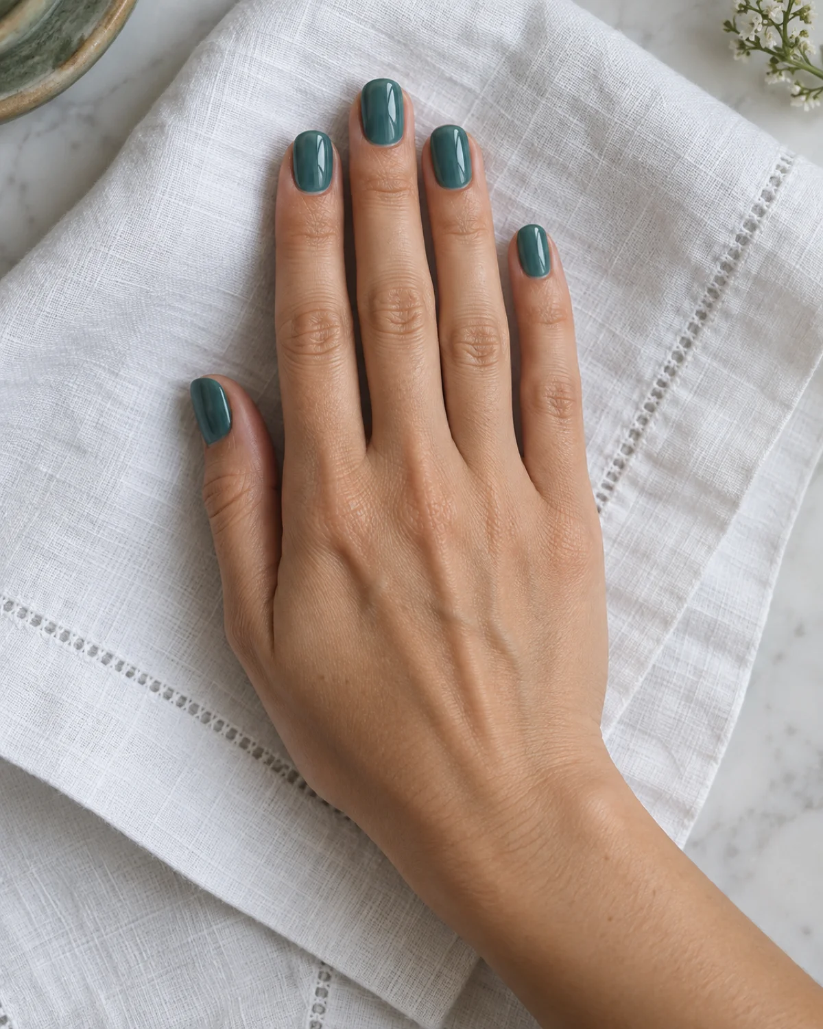 Single right hand with short squoval nails in sheer teal jelly polish resting palm down on white linen napkin