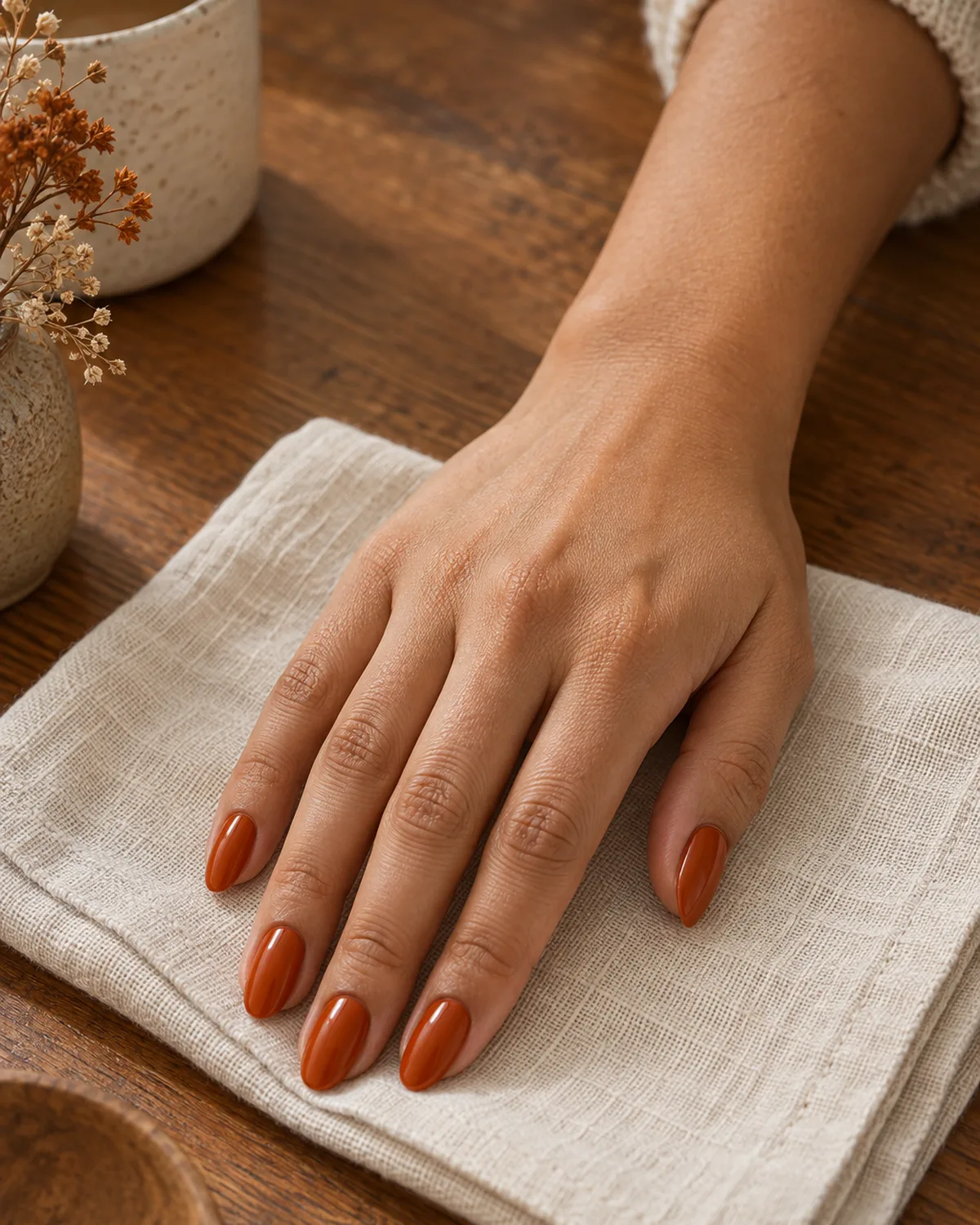 Burnt orange glossy nails on almond shape resting on cream linen napkin on wooden table