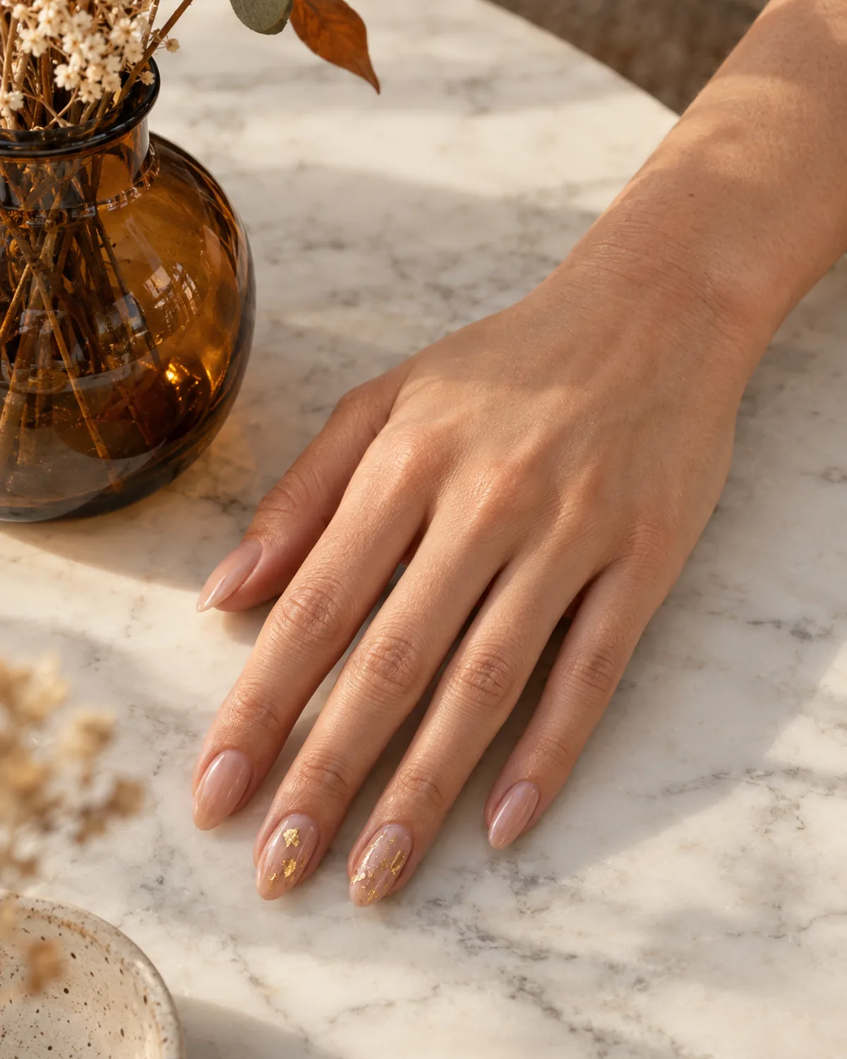 Sheer nude almond nails with gold foil flakes on ring and middle fingers beside amber glass vase on white marble