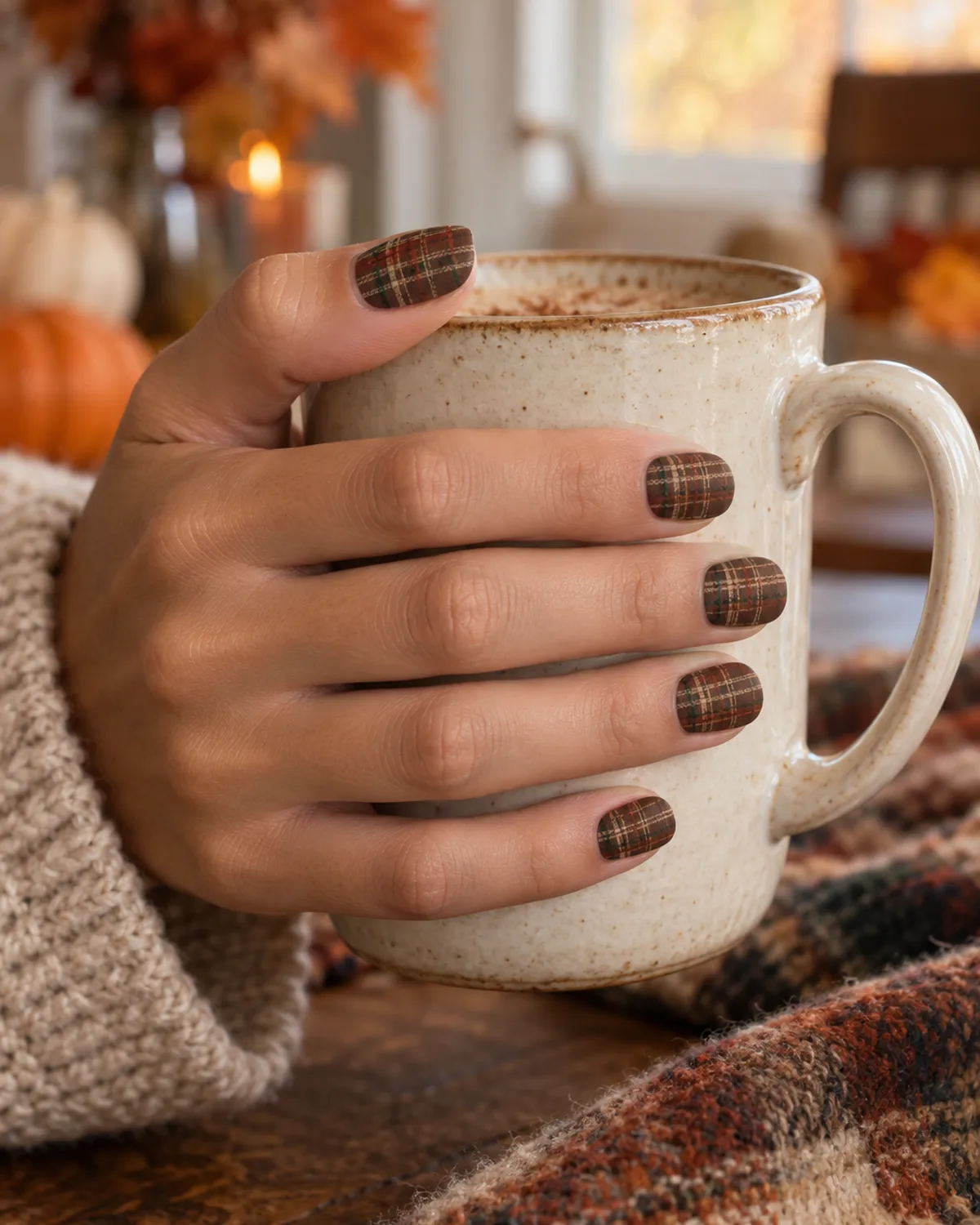 Matte plaid pattern nails in rust cream and forest green on short square shape holding cream ceramic mug