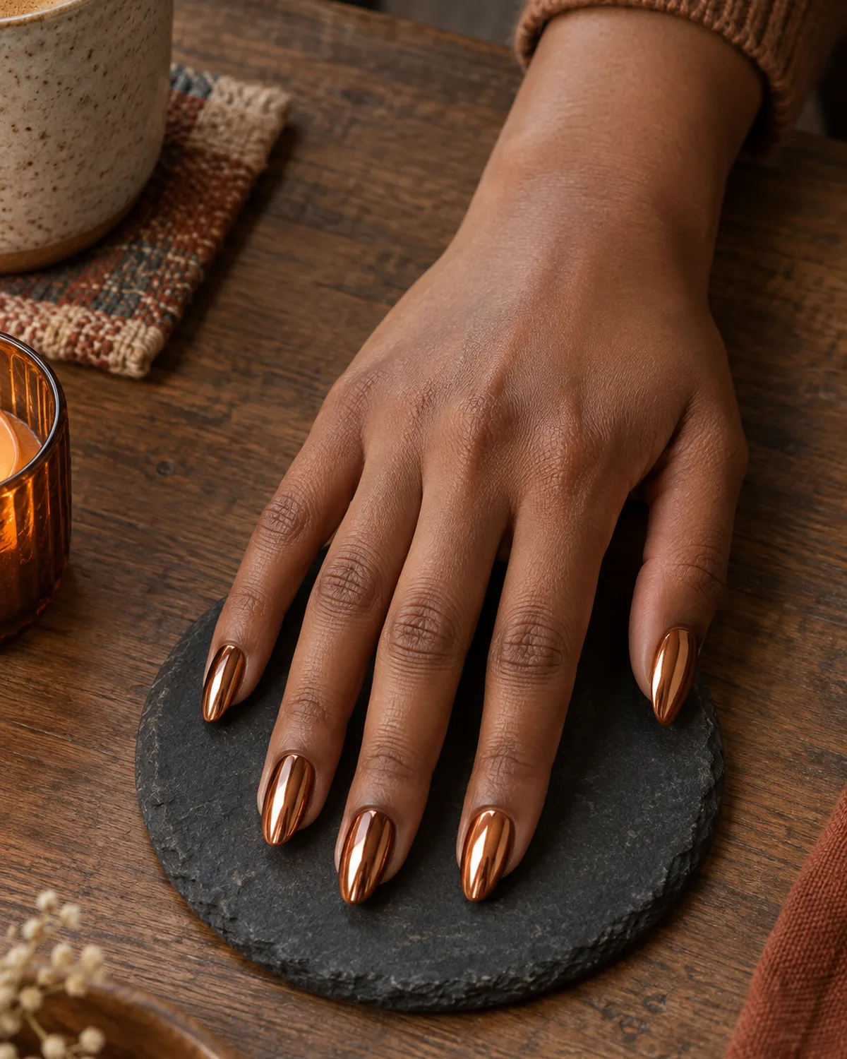 Copper chrome mirror finish nails on medium almond shape on dark slate coaster