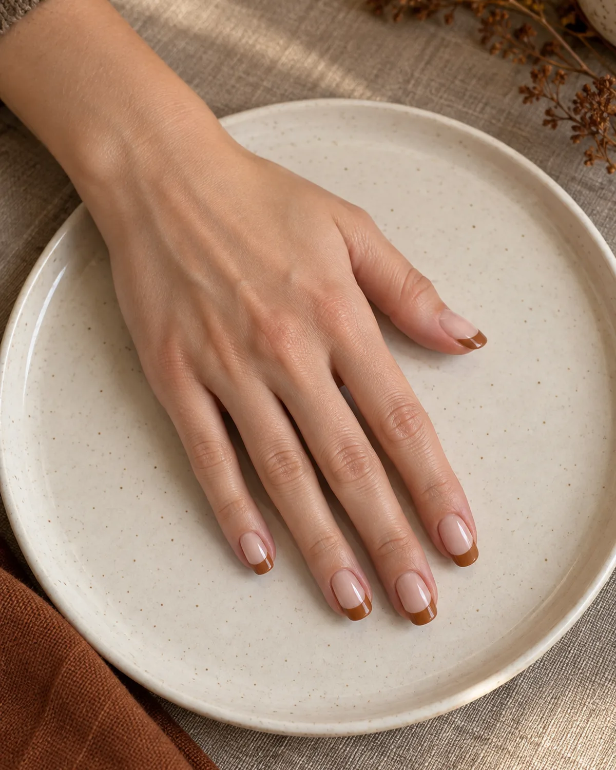 Sheer nude round nails with thick warm brown sugar french tips on cream ceramic plate