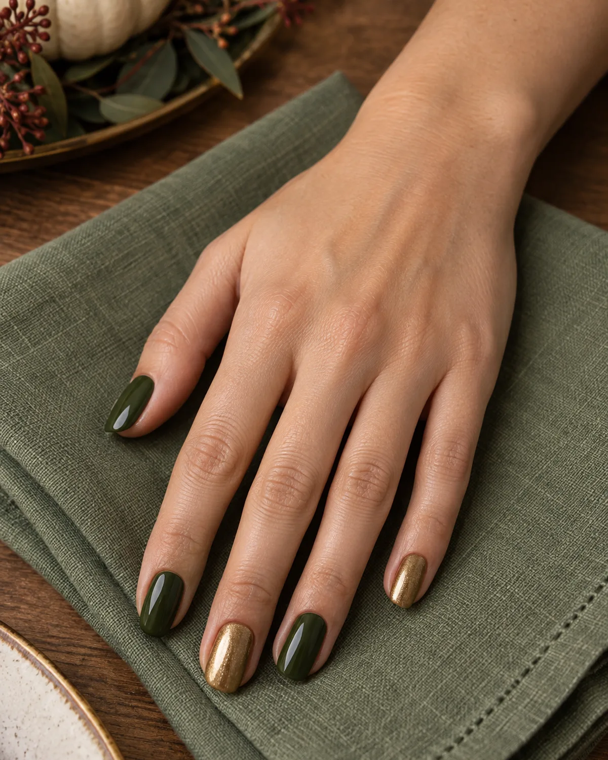 Alternating olive green and antique gold shimmer nails on squoval shape on sage green cloth napkin