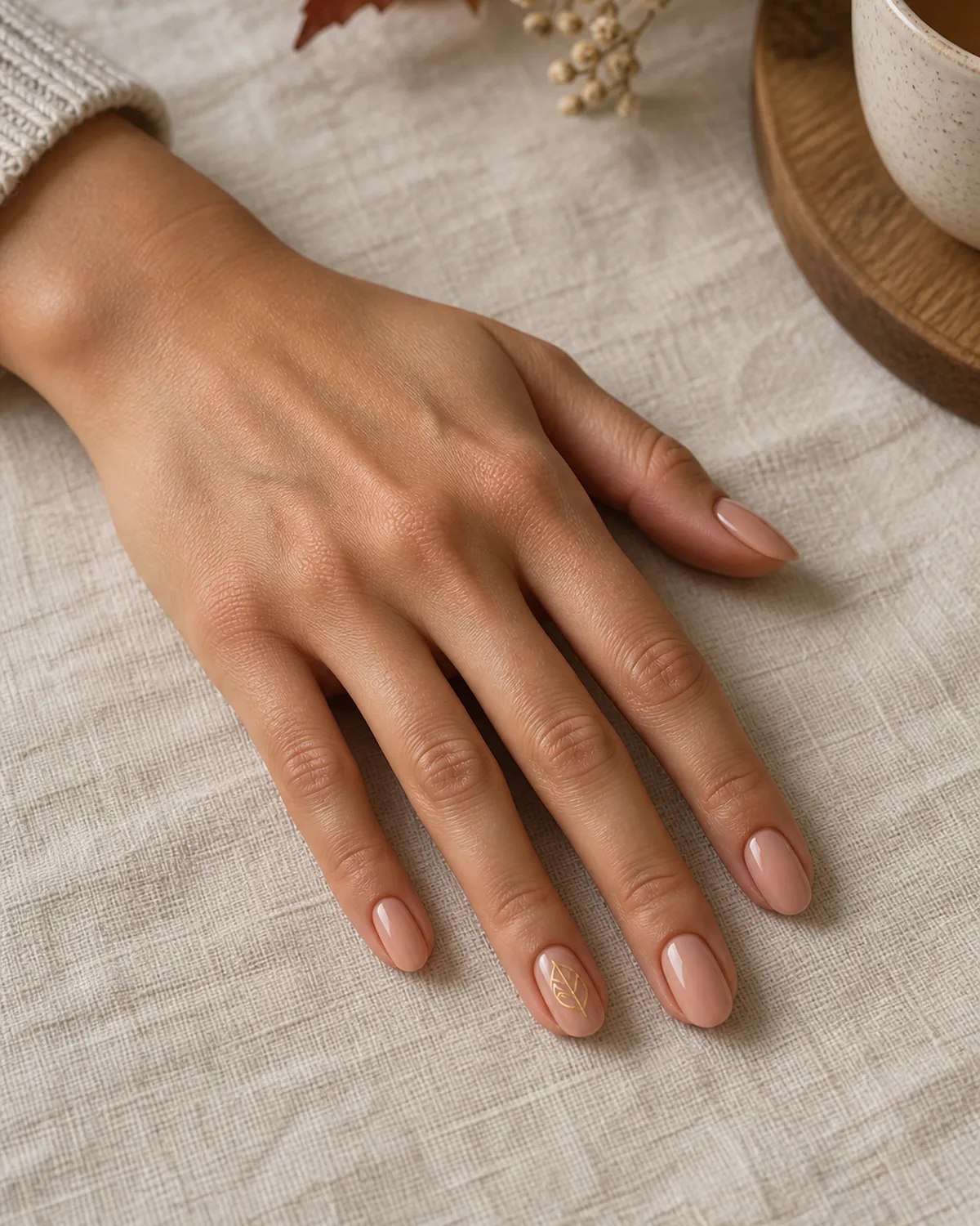 Warm nude oval nails with tiny gold leaf outline on ring finger on off-white linen tablecloth