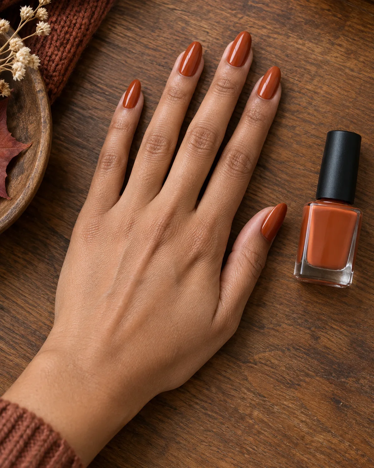 Hand with glossy burnt-orange almond nails beside small bottle of nail polish on wooden table surface