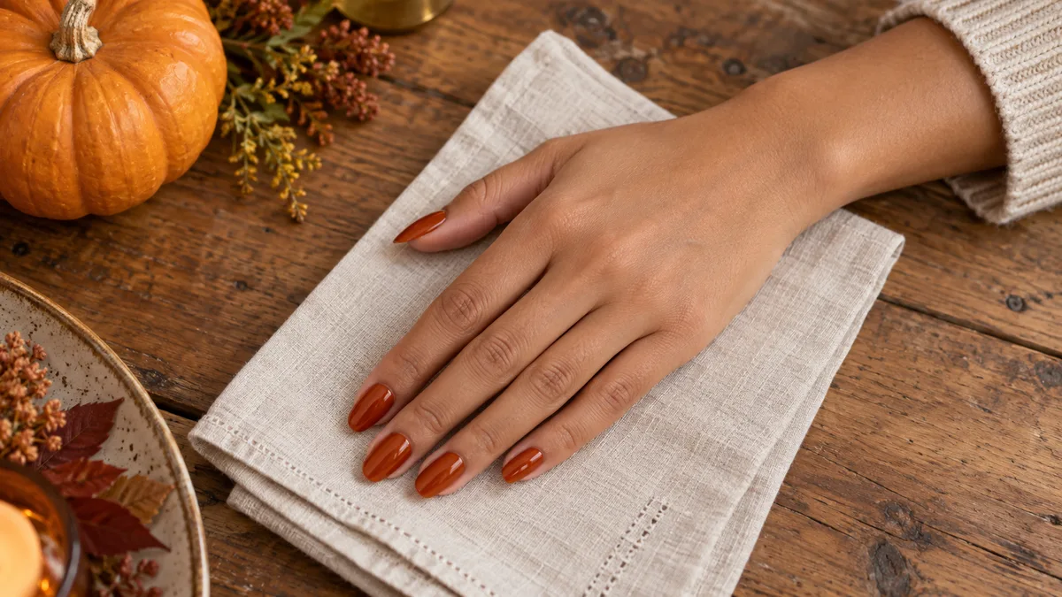 Single right hand with almond nails in glossy burnt orange resting on cream linen napkin on rustic wooden table
