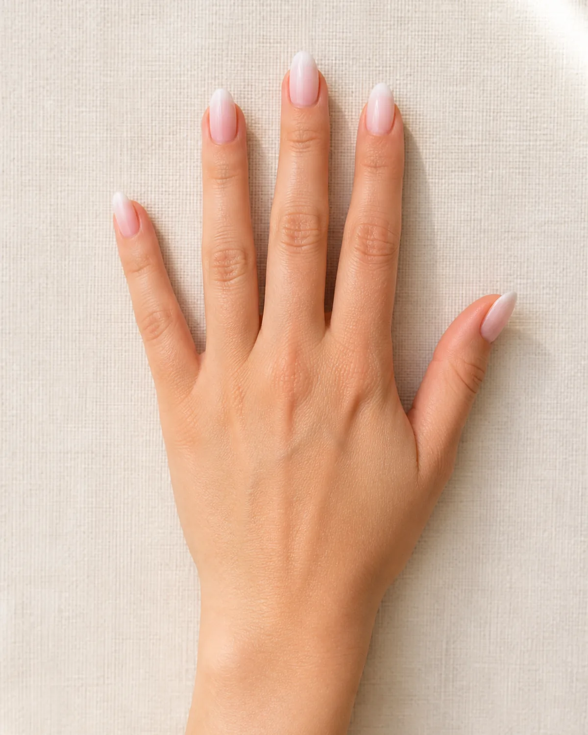 Single right hand with medium almond nails featuring classic bridal pink-to-white ombre fade fingers fanned against ivory linen