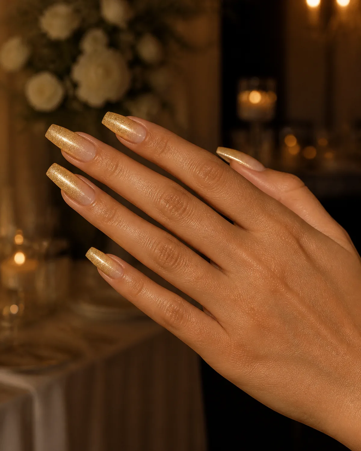 Single left hand in side profile with medium coffin nails featuring champagne-to-gold shimmer ombre against dark background