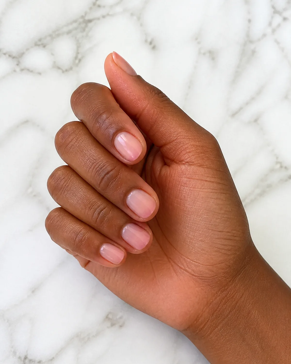 Single right hand lying relaxed on its side with short round nails featuring nude-to-blush ombre gradient on white marble