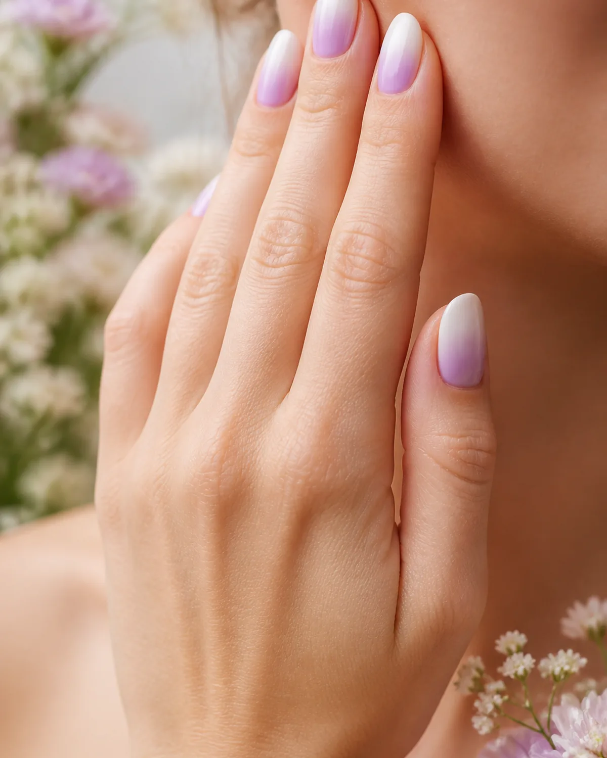 Single right hand resting near the cheek in beauty-editorial pose with medium oval nails featuring lavender-to-white ombre