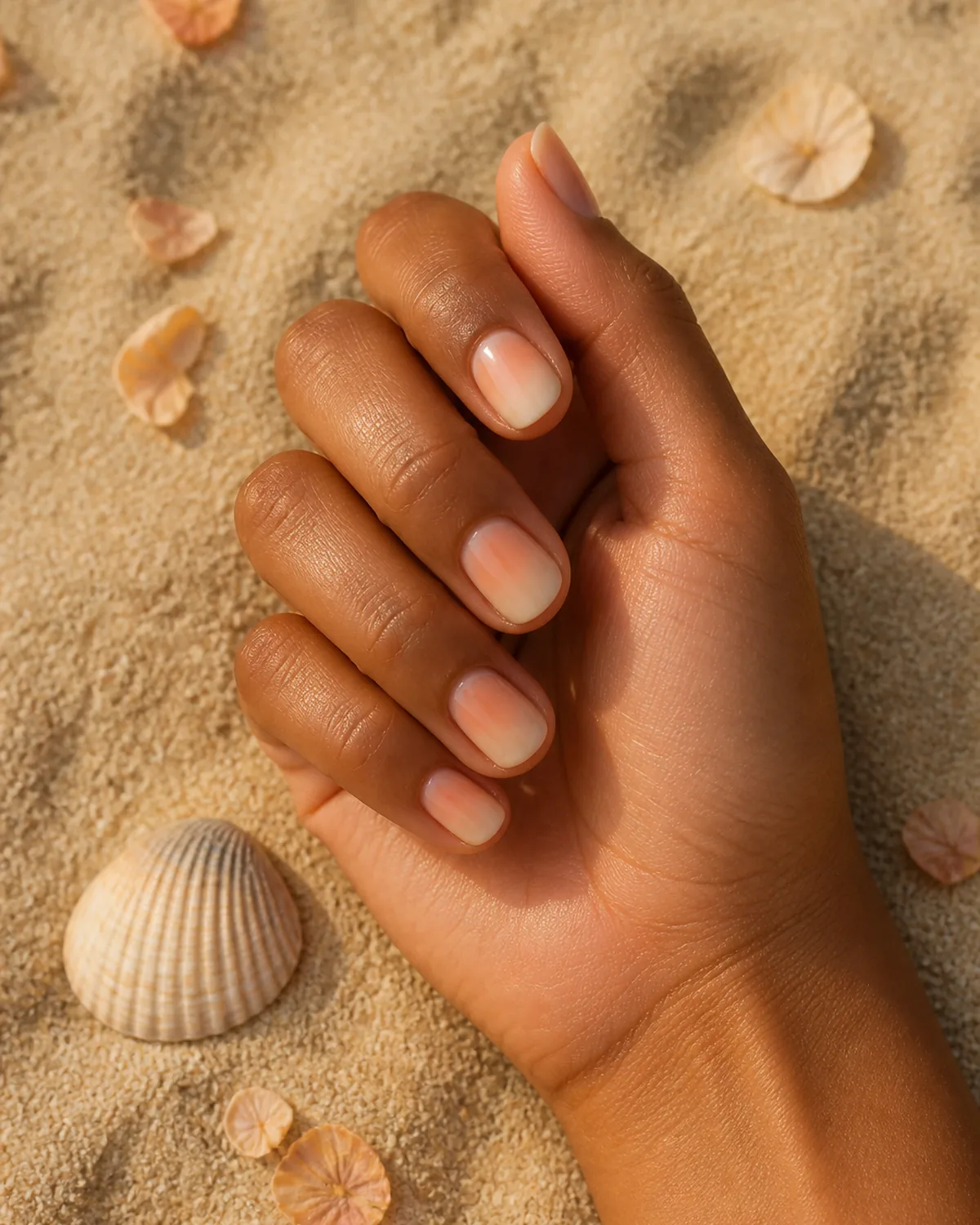 Single left hand resting on warm sand near a seashell with short natural-shape nails featuring peach-to-cream sunset ombre