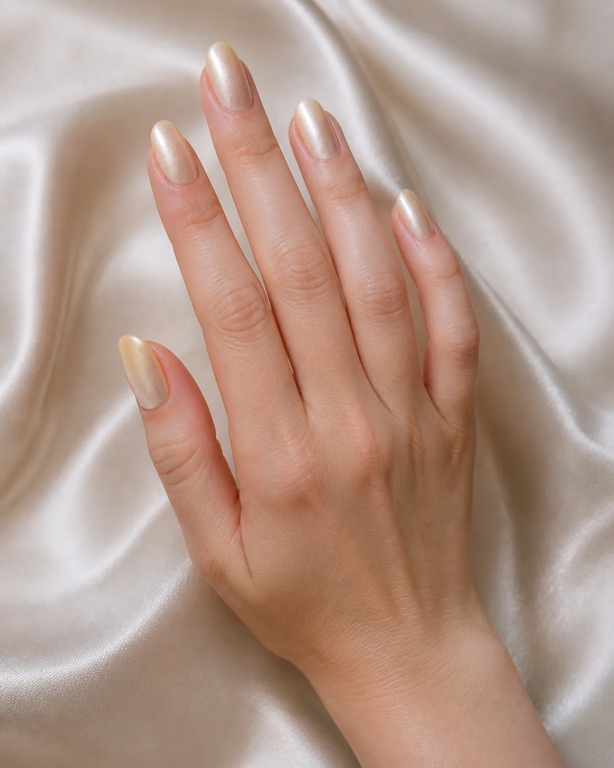 Single left hand reaching upward on a diagonal with medium oval nails featuring vertical side-to-side ombre in ivory-to-champagne