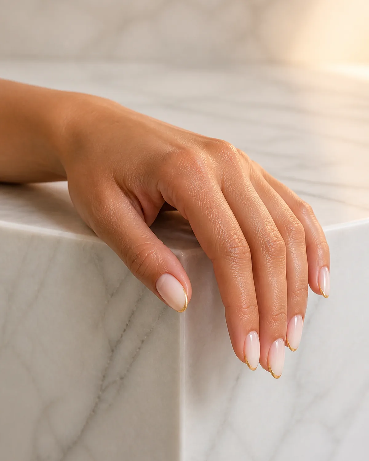 Single right hand draped over white marble ledge at three-quarter angle with medium almond nails featuring three-tone blush ivory gold ombre