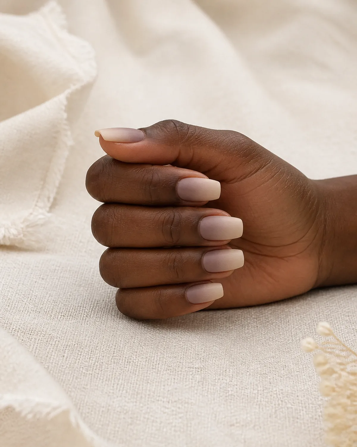 Single right hand resting on its side on cream linen with medium squoval nails featuring matte taupe-to-cream ombre