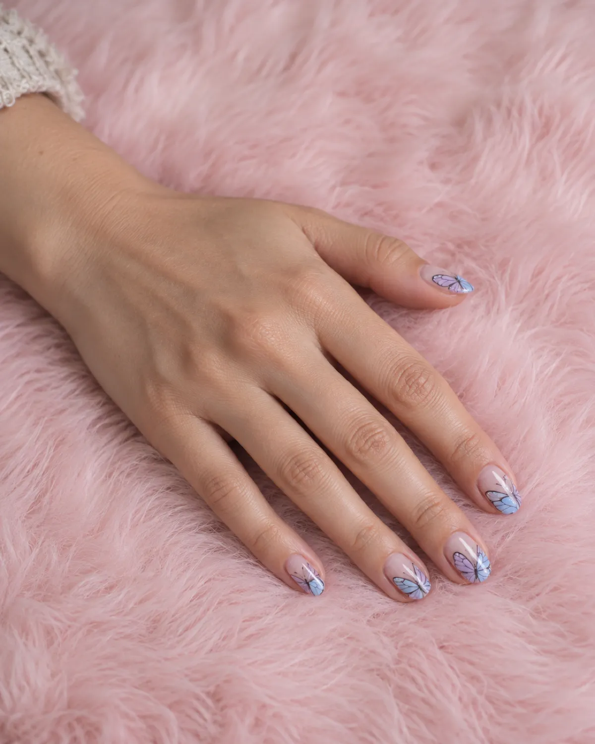 Single left hand with round nails featuring butterfly wing French tips resting palm-down on soft baby-pink faux-fur