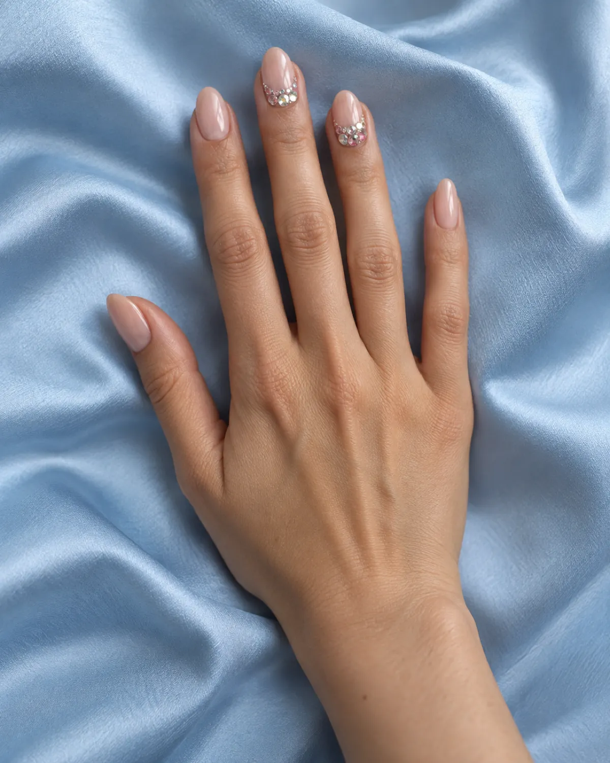 Single right hand with oval nails featuring rhinestone clusters palm-down on powder blue satin fabric