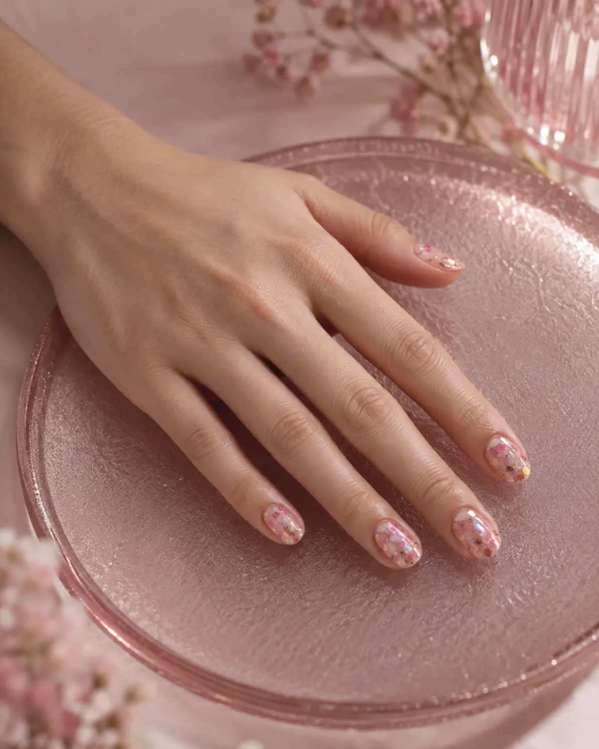 Single left hand with round nails in transparent jelly with chunky confetti glitter palm-down on frosted pink glass plate